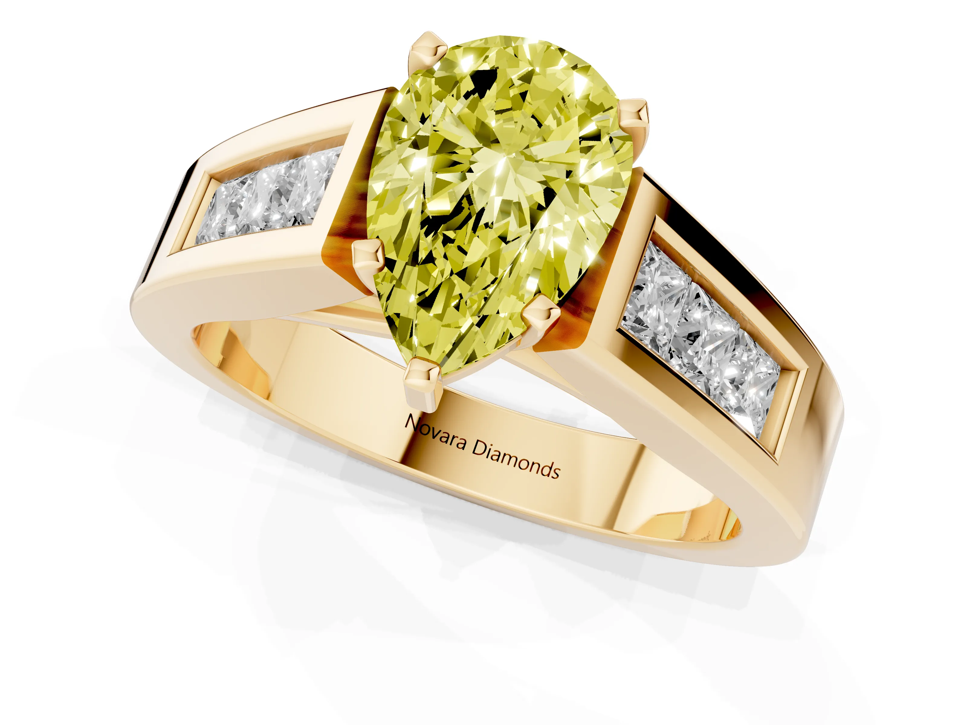 Fancy Yellow Pear Cut Diamond Solitaire Ring Set in Yellow gold with Channel-Set Accent Stones and Prong Setting