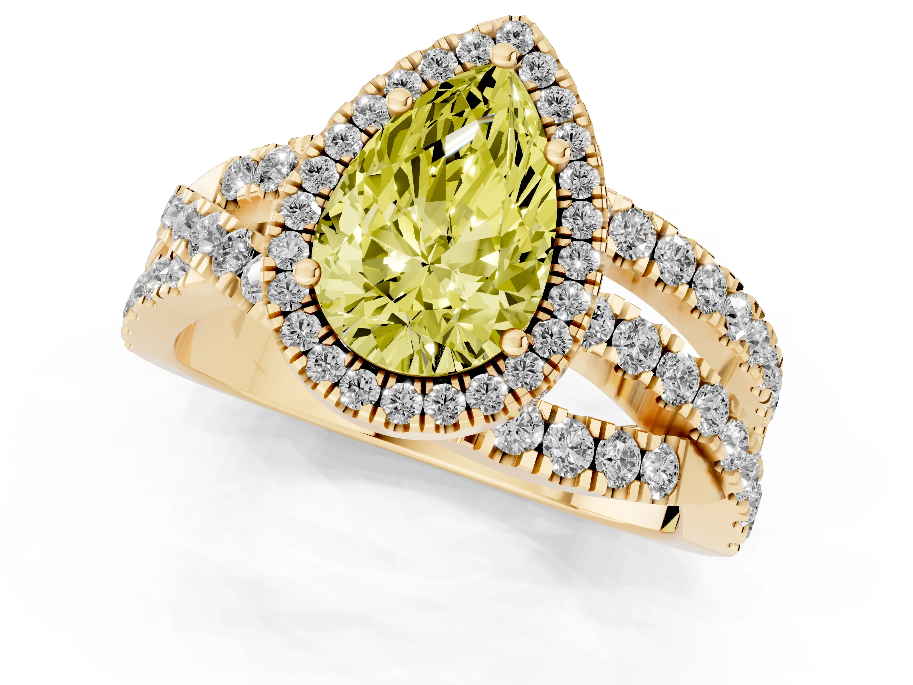Fancy Yellow Pear Cut Diamond Halo Ring Set in Yellow gold with Round Crossover Split Shank and Prong Setting