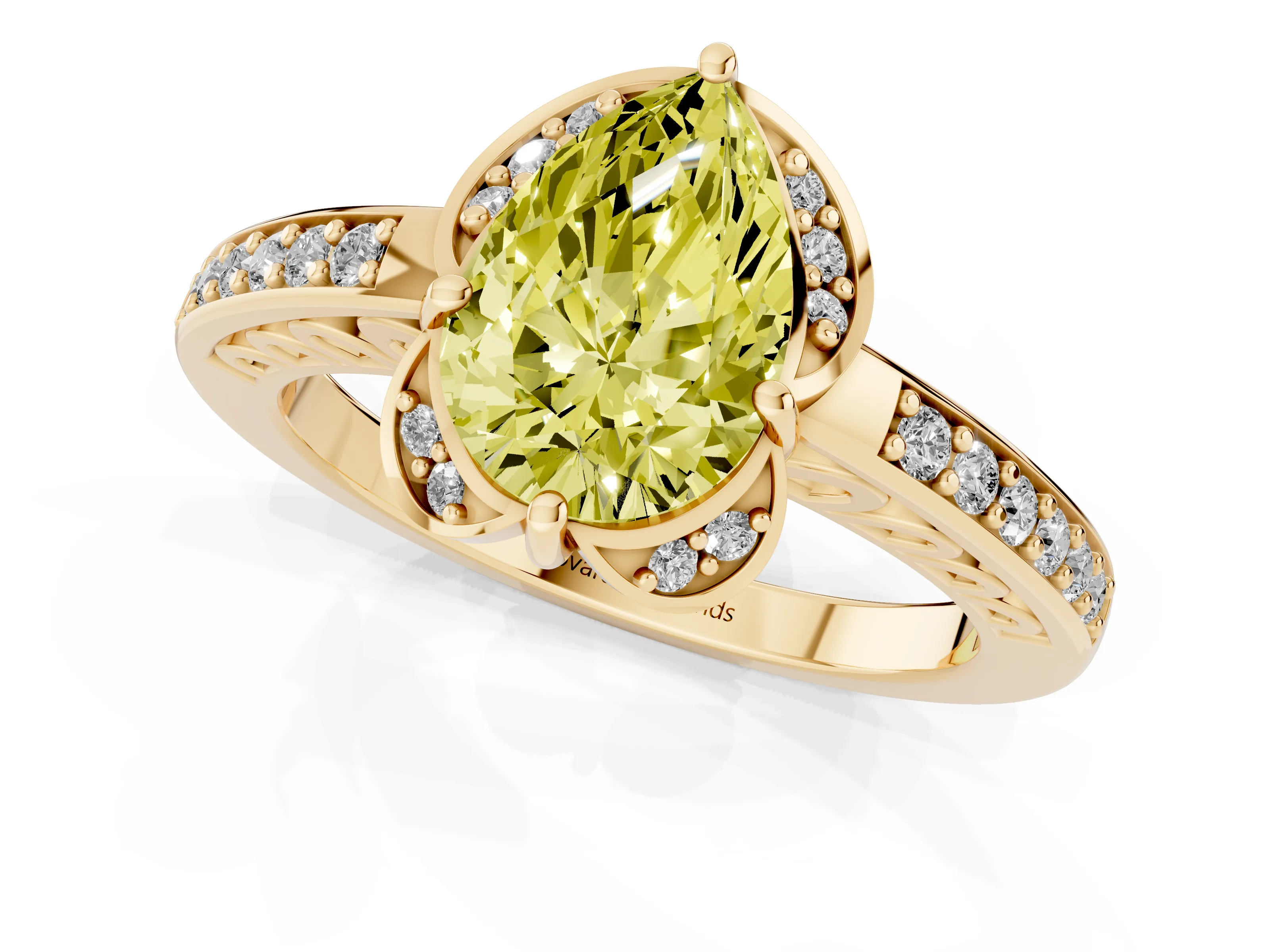 Fancy Yellow Pear Cut Diamond Halo Ring Set in Yellow gold with Channel Set Band and Prong Setting