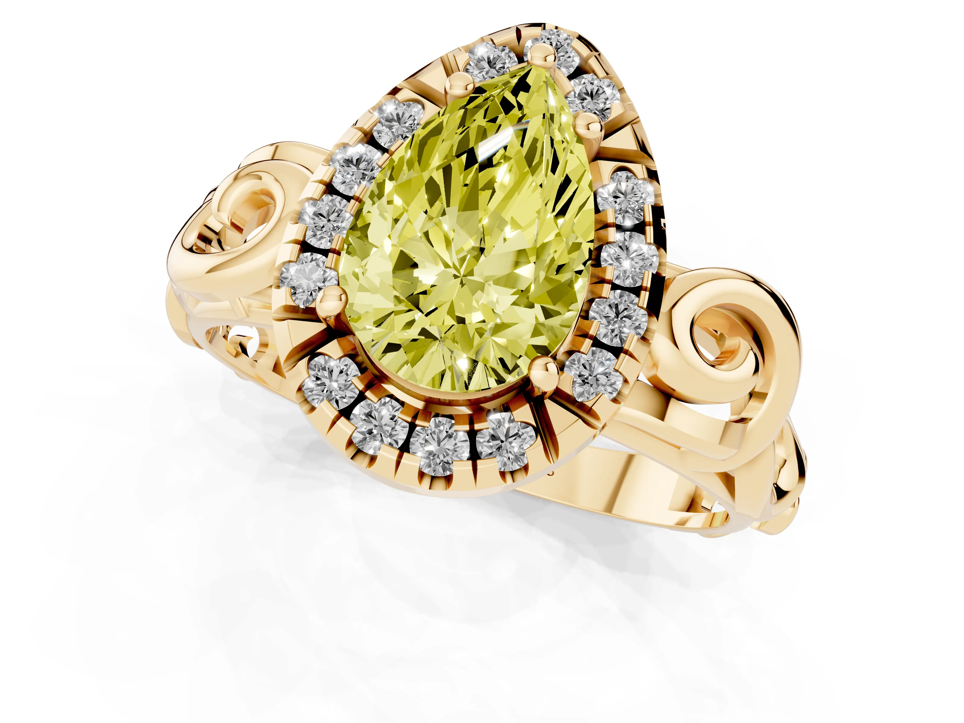 Fancy Yellow Pear Cut Diamond Halo Ring Set in Yellow gold with Scrollwork Band and Prong Setting