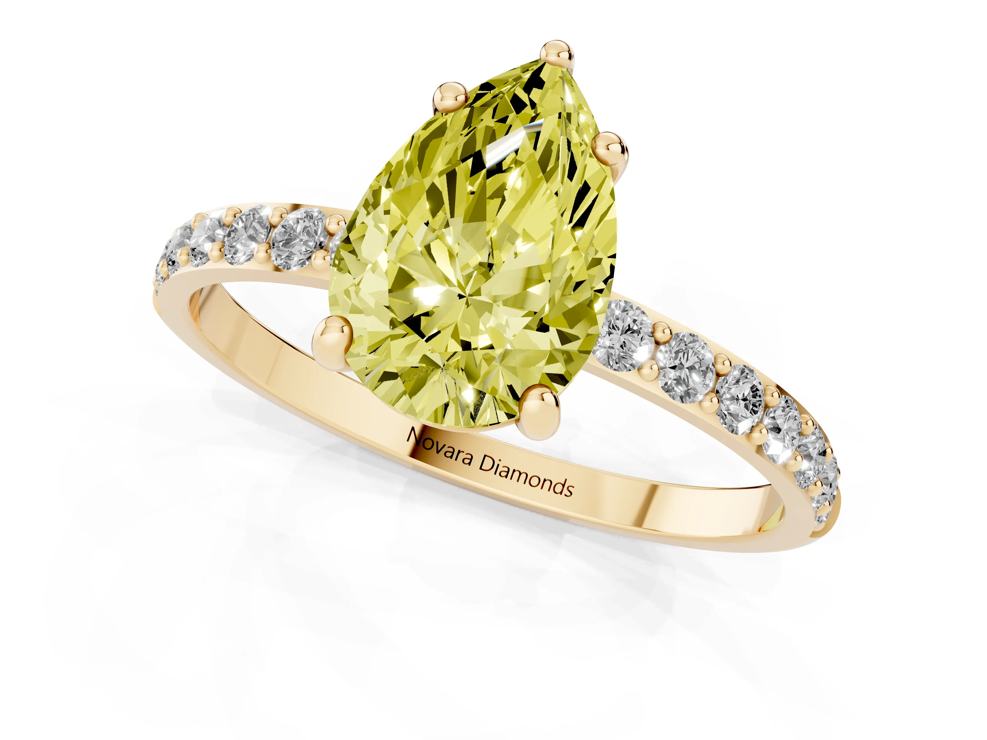 Fancy Yellow Pear Cut Diamond Solitaire Ring Set in Yellow gold with Round Pavé Band and Prong Setting