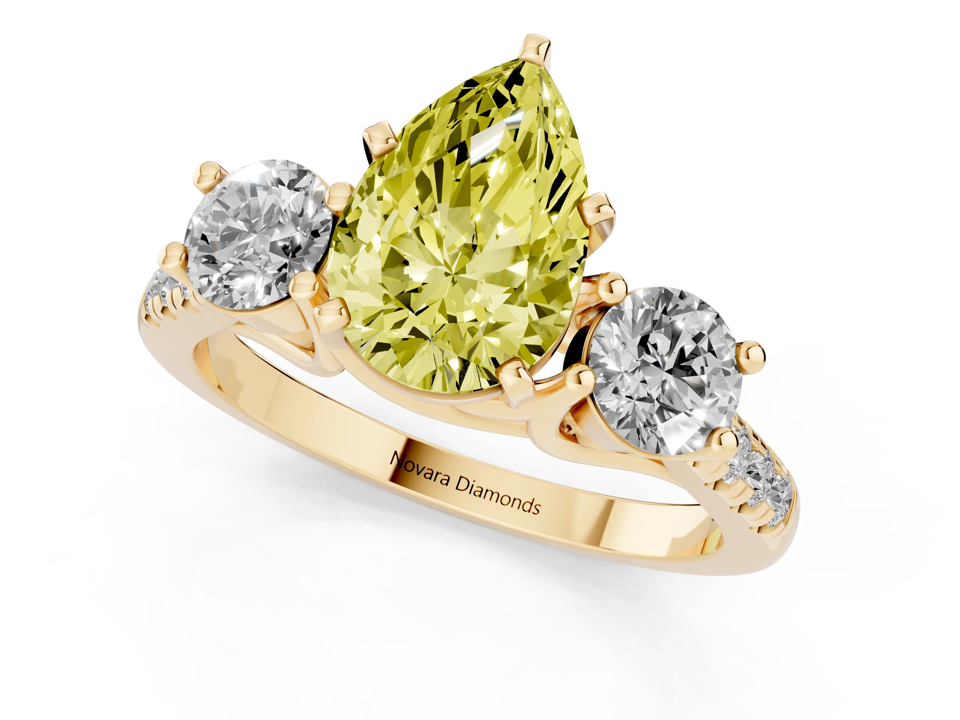 Fancy Yellow Three-Stone Pear Cut Diamond Pavé Band Ring Set in Yellow gold with Prong-Set Trio