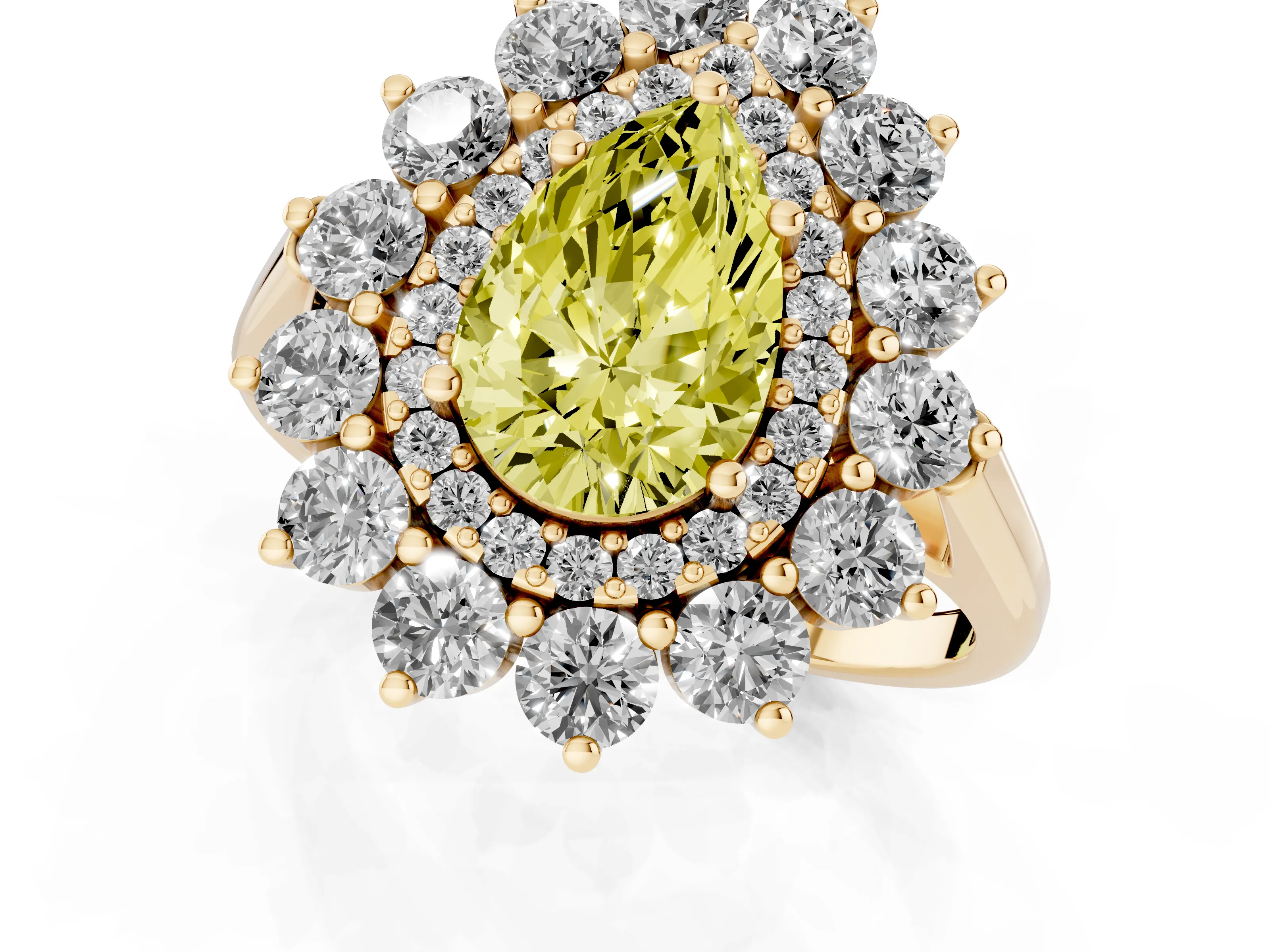 Fancy Yellow Pear Cut Diamond Floral Double Halo Ring Set in Yellow gold with Round Petals