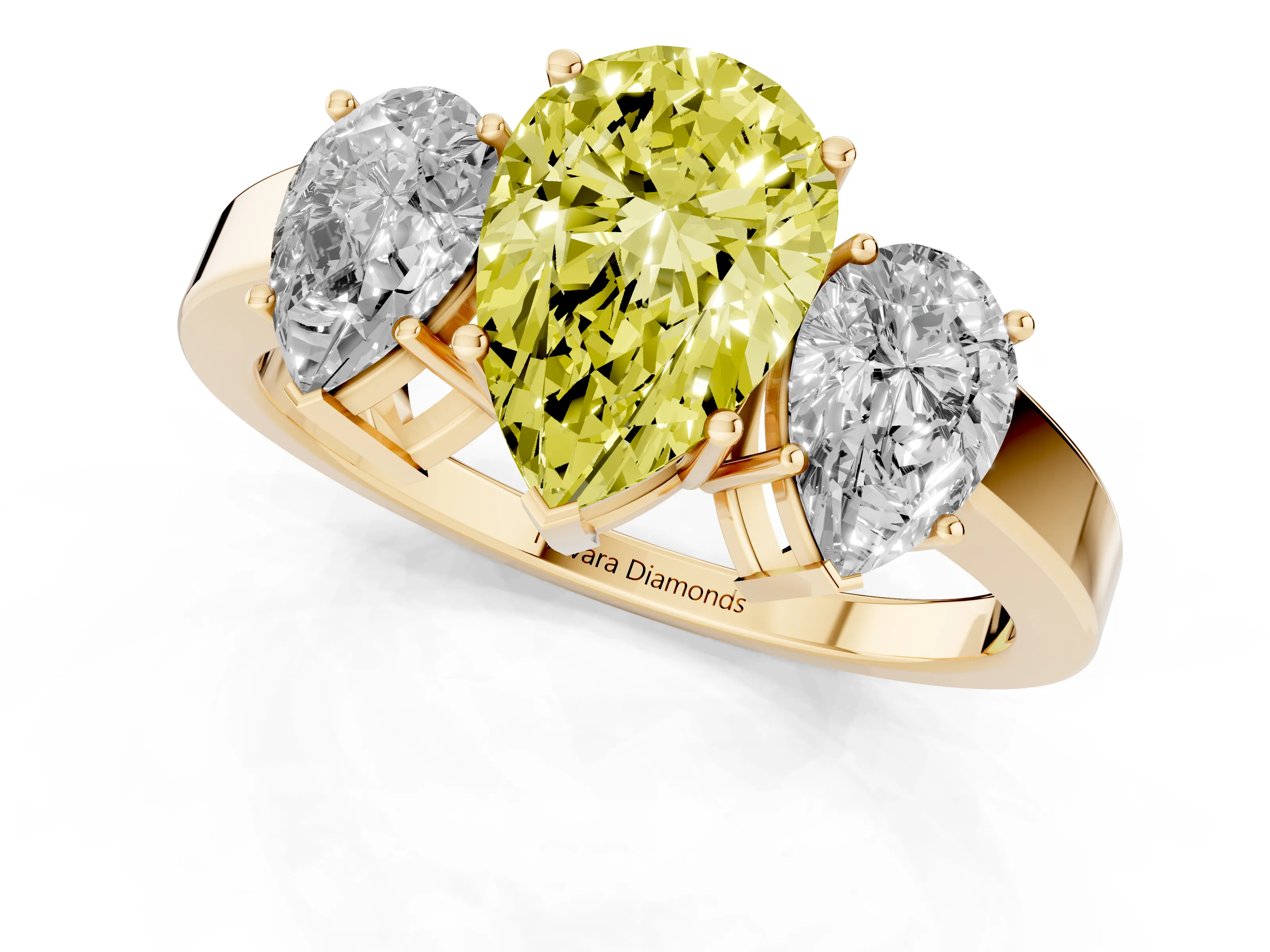 Fancy Yellow Pear Cut Diamond Three-Stone Engagement Ring Set in Yellow gold with Flat Band
