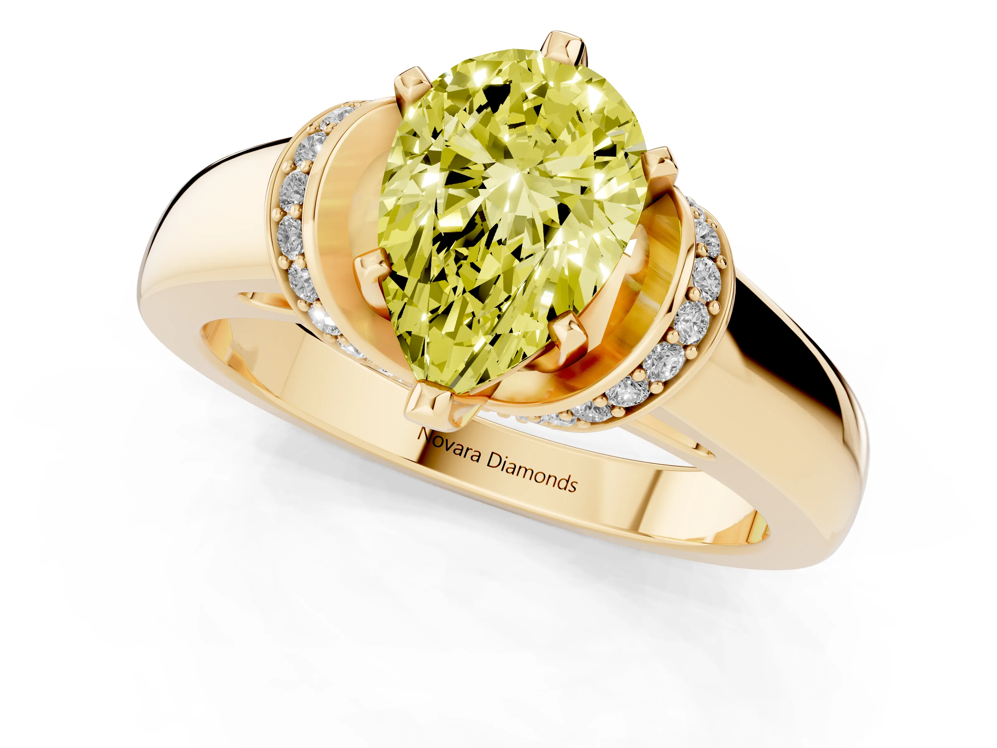 Fancy Yellow Pear Cut Diamond Pavé Band Solitaire Ring Set in Yellow gold with Prong Setting