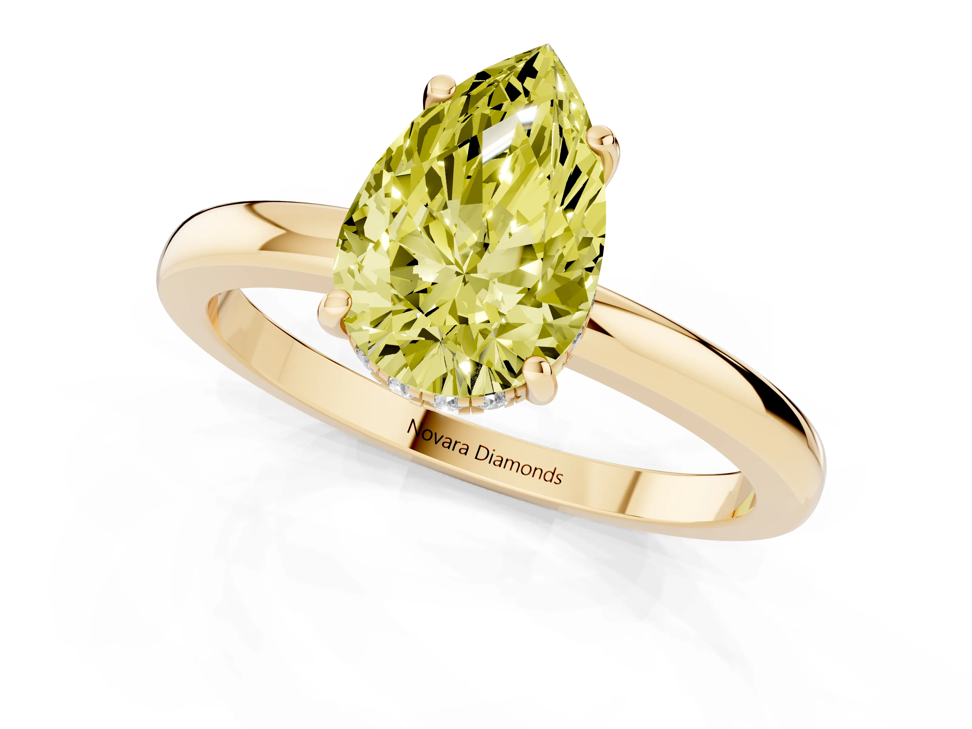 Fancy Yellow Pear Cut Diamond Solitaire Ring Set in Yellow gold with Plain Band and Prong Setting