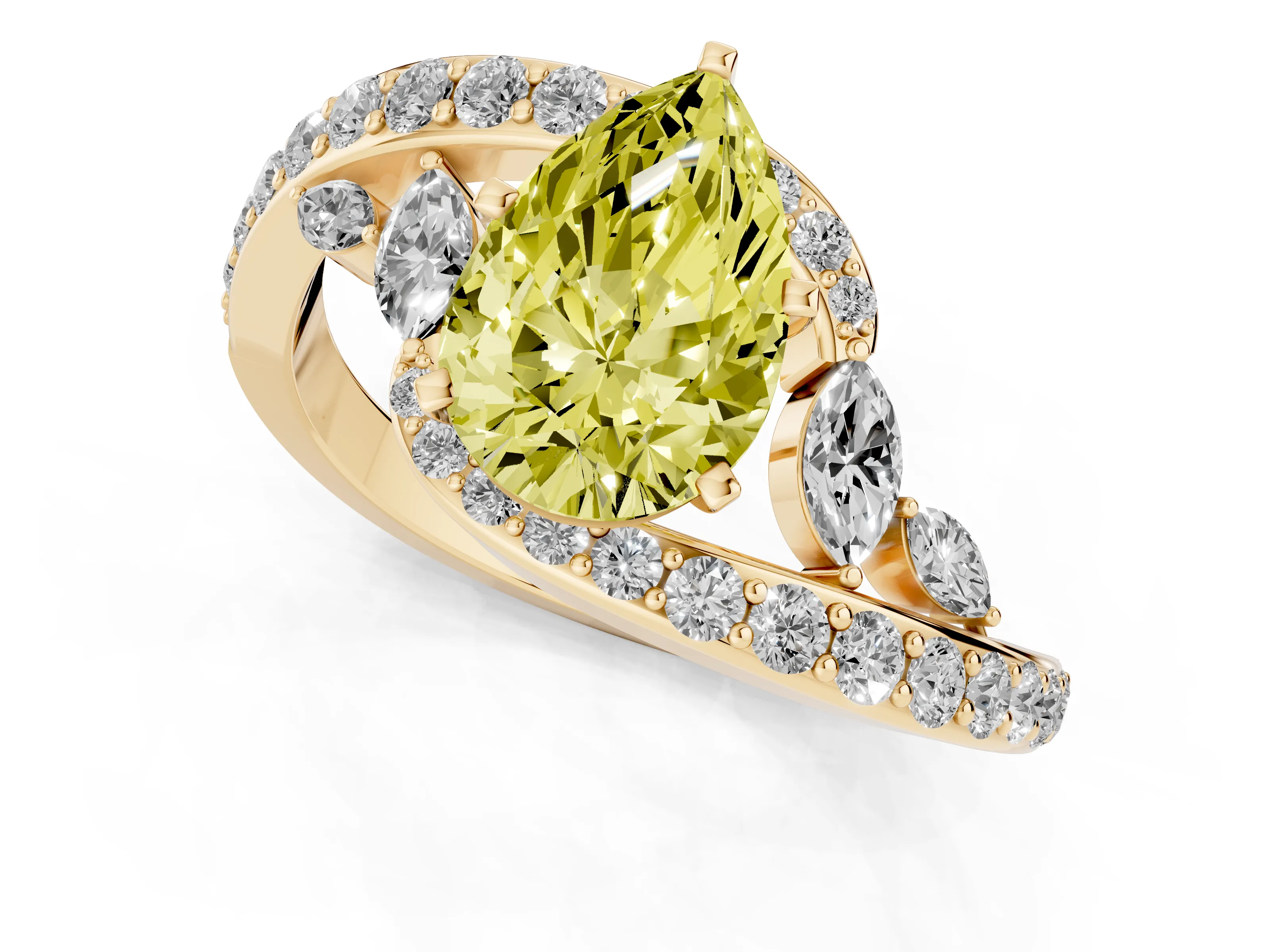 Fancy Yellow Pear Cut Diamond Solitaire Ring Set in Yellow gold with Pavé Twist Band and Secure Prong Setting