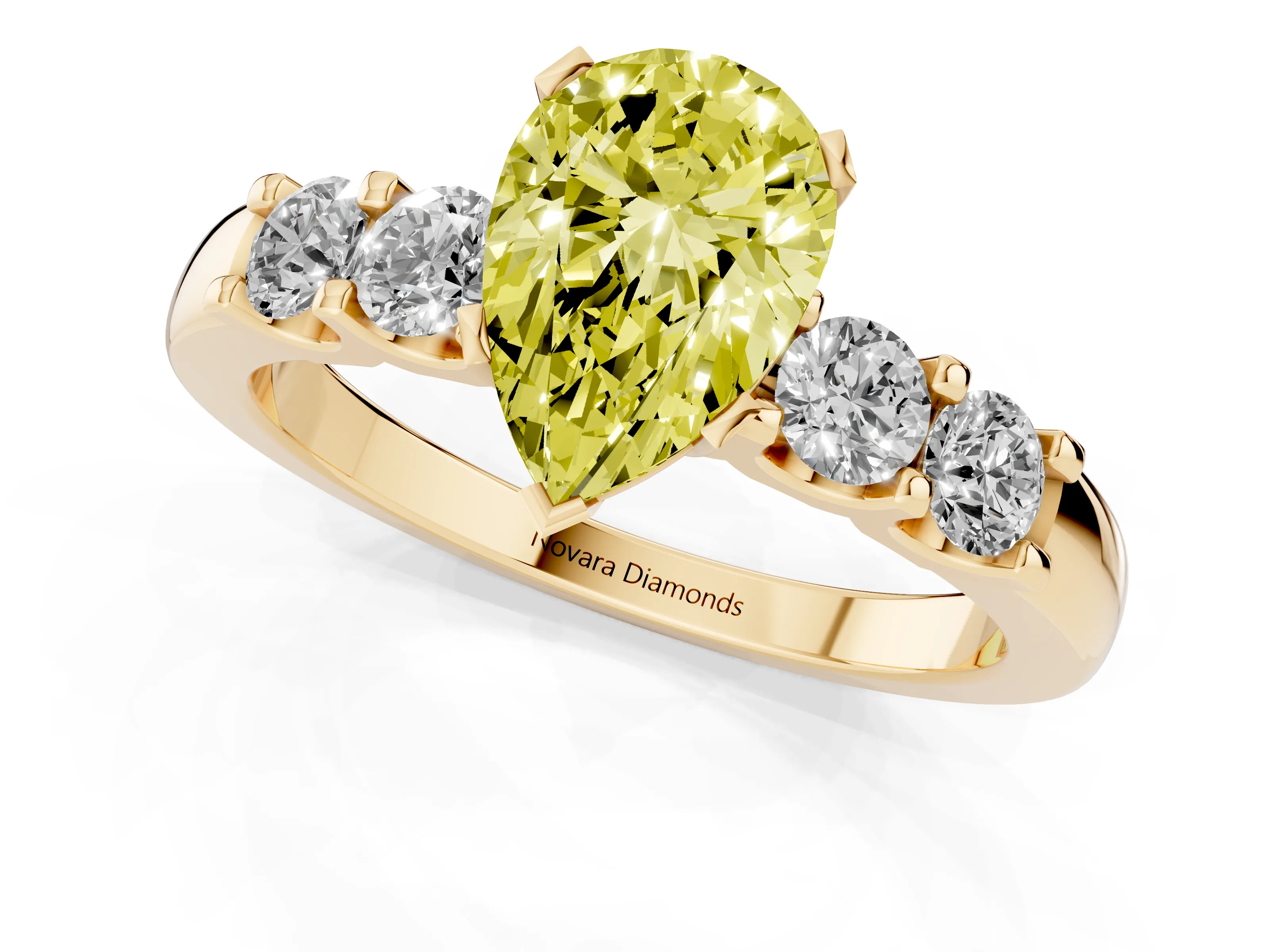 Fancy Yellow Pear Cut Diamond Five-Stone Prong Set Engagement Ring Set in Yellow gold with Channel Band