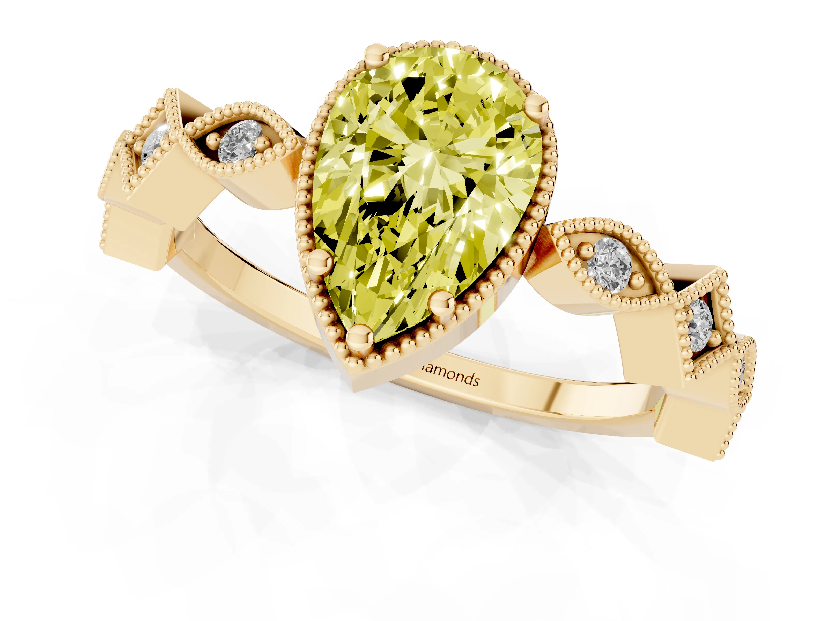Fancy Yellow Pear Cut Diamond Milgrain Marquise Twist Band Ring Set in Yellow gold with Prong Setting
