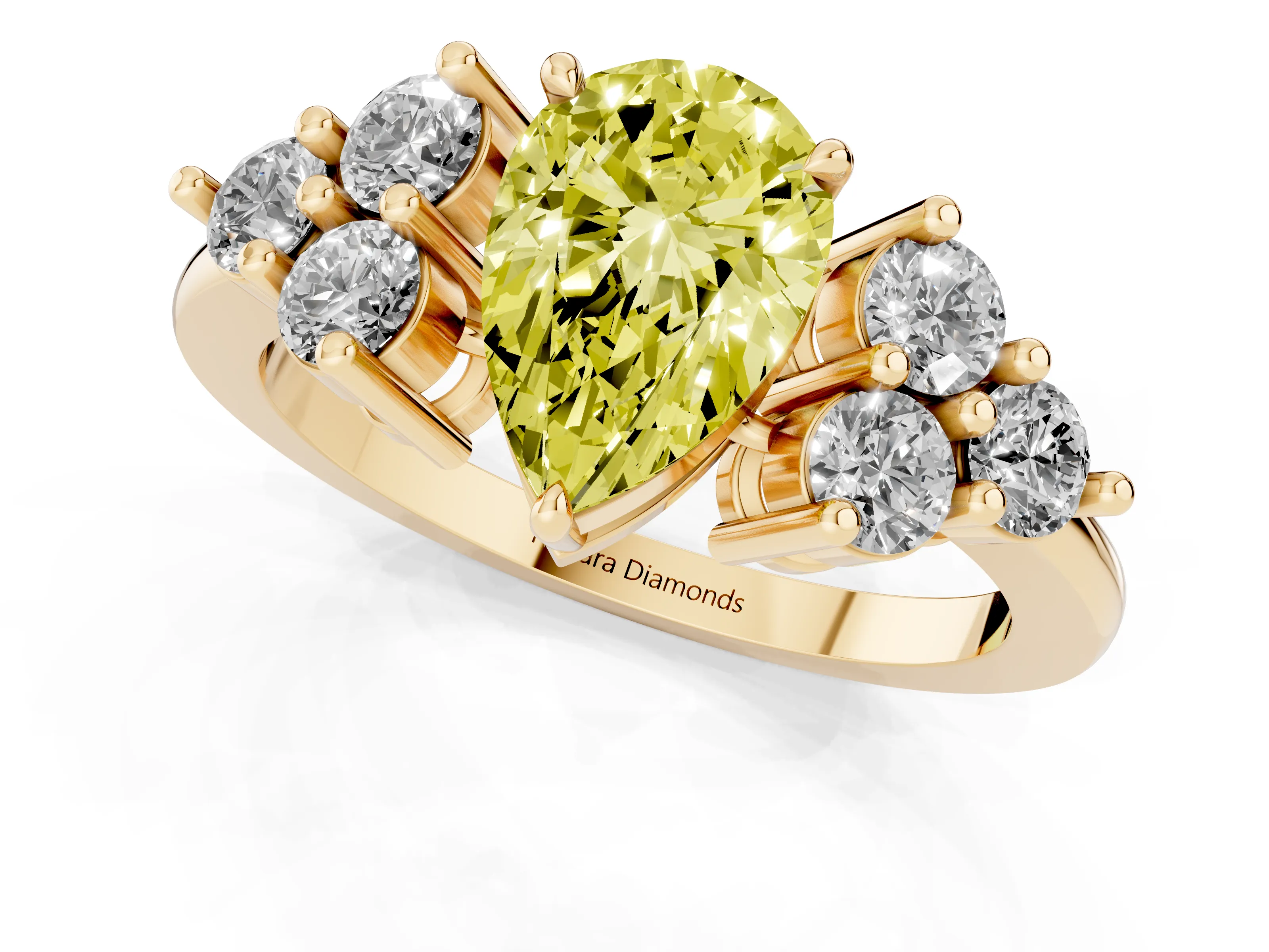 Fancy Yellow Pear Cut Diamond Solitaire Ring Set in Yellow gold with Cluster Accents on Each Side