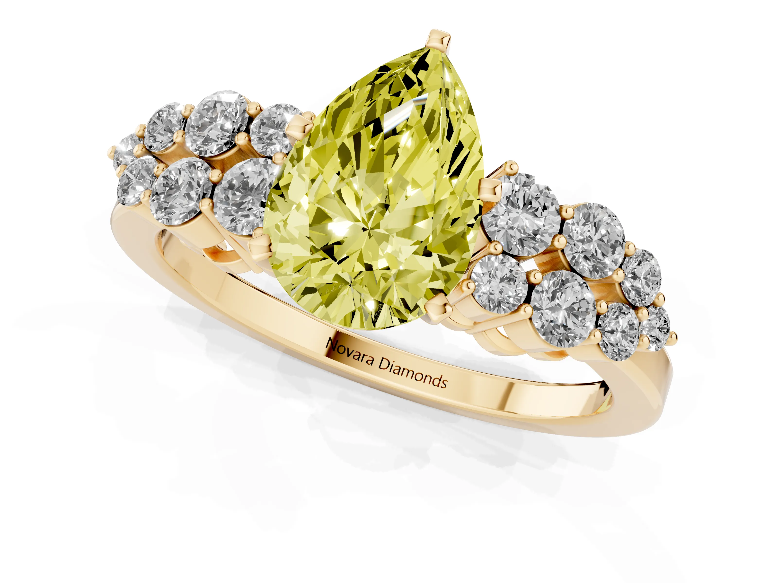 Fancy Yellow Pear Cut Diamond Cluster Engagement Ring Set in Yellow gold with Pavé Band and Prong Setting