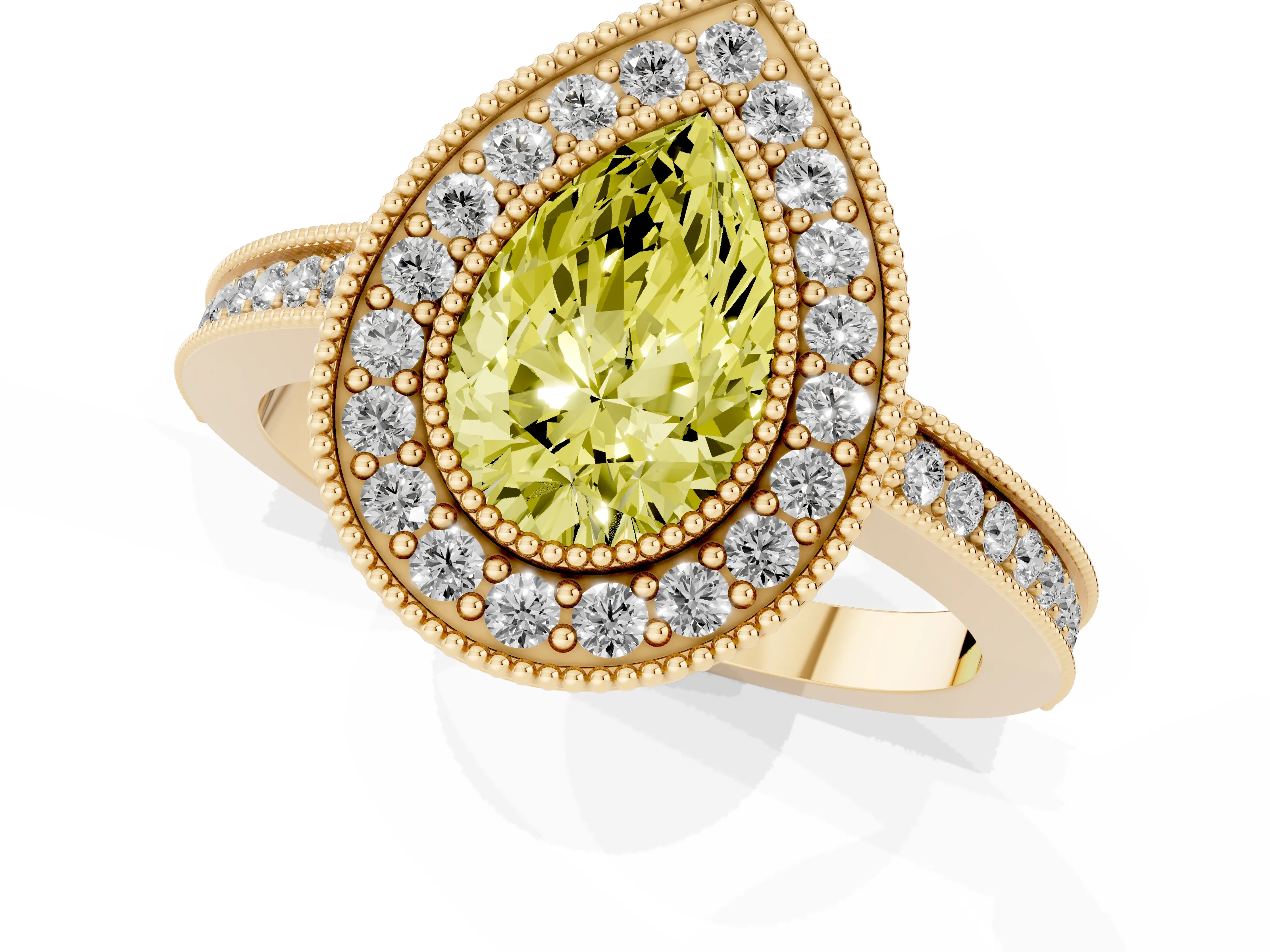 Fancy Yellow Pear Cut Diamond Halo Ring Set in Yellow gold with Pavé Band and Milgrain-Edged Prongs