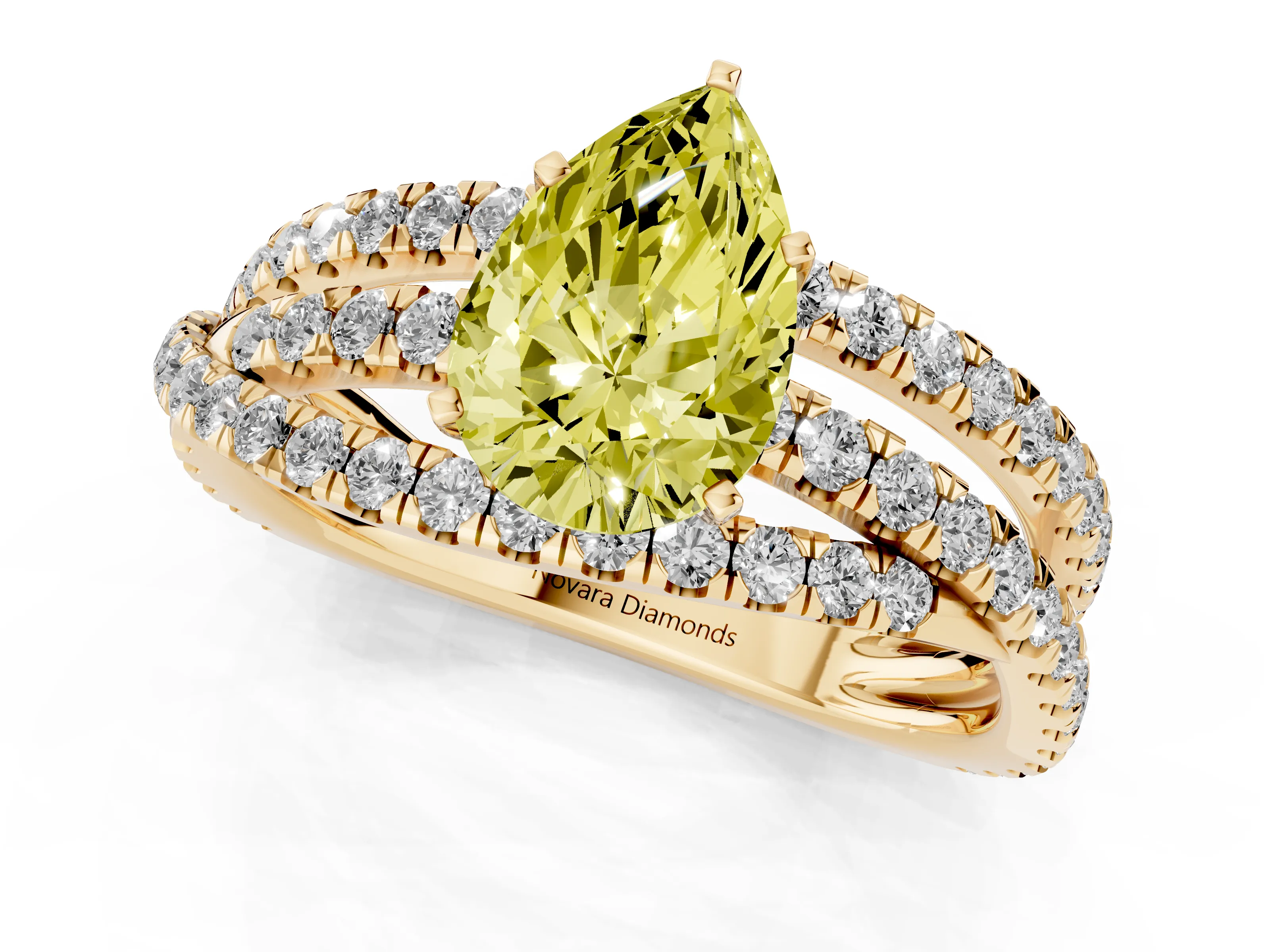Fancy Yellow Pear Cut Diamond Solitaire Twist Band Ring Set in Yellow gold with Pavé Setting and Prong Head