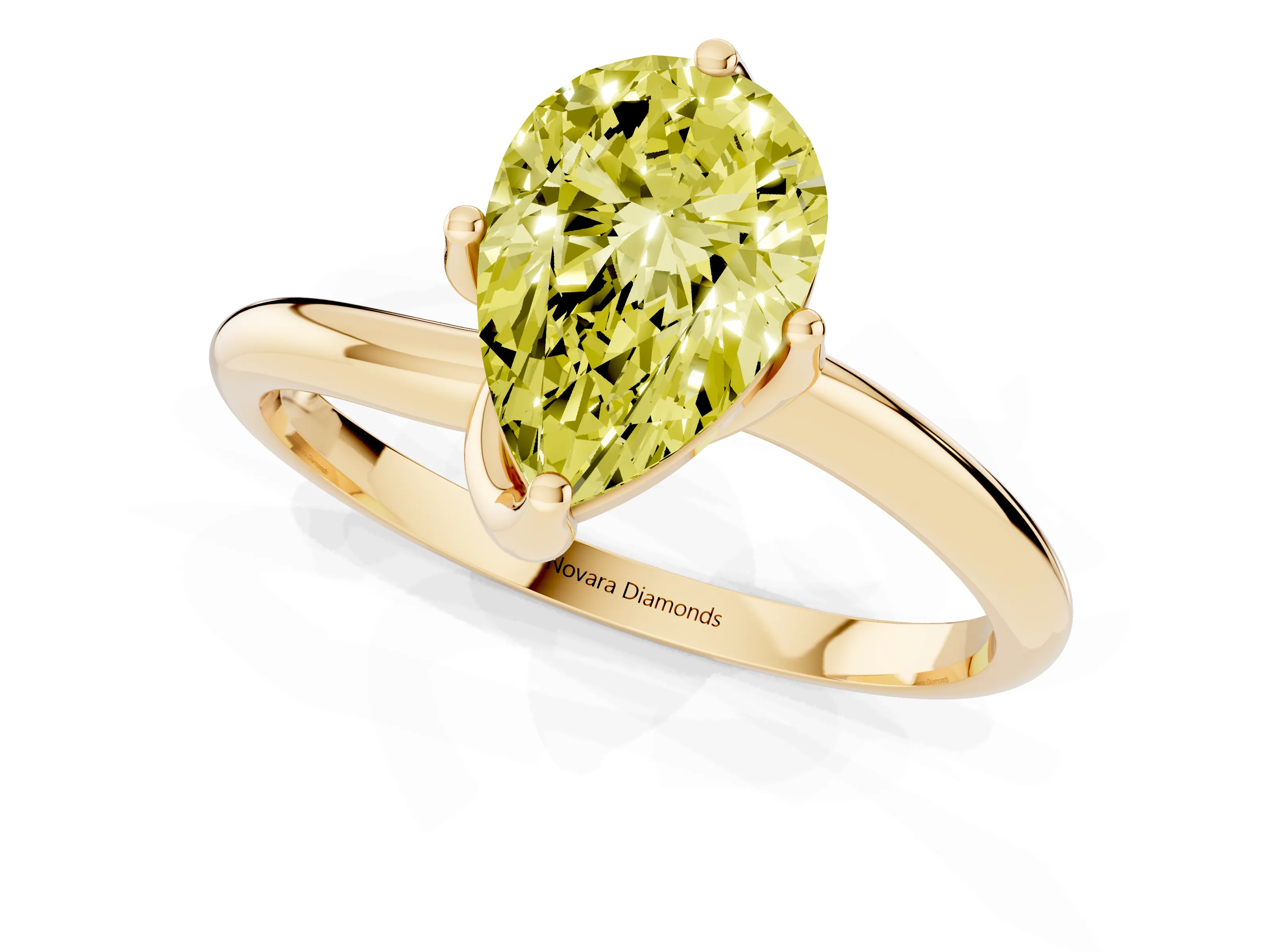 Fancy Yellow Pear Cut Diamond Solitaire Engagement Ring Set in Yellow gold with Classic Plain Band