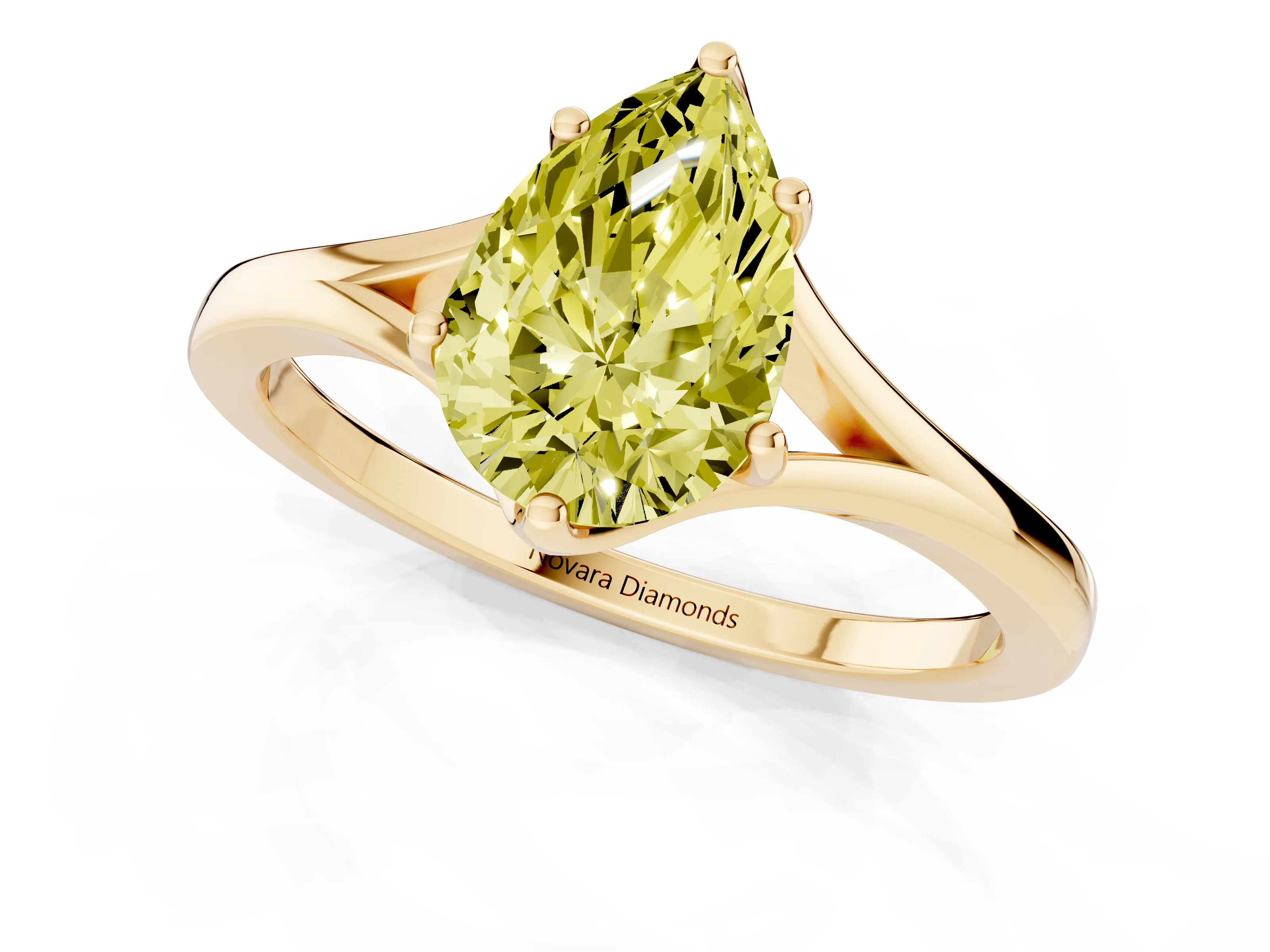 Fancy Yellow Pear Cut Diamond Solitaire Ring Set in Yellow gold with Polished Tapered Band and Prong Setting