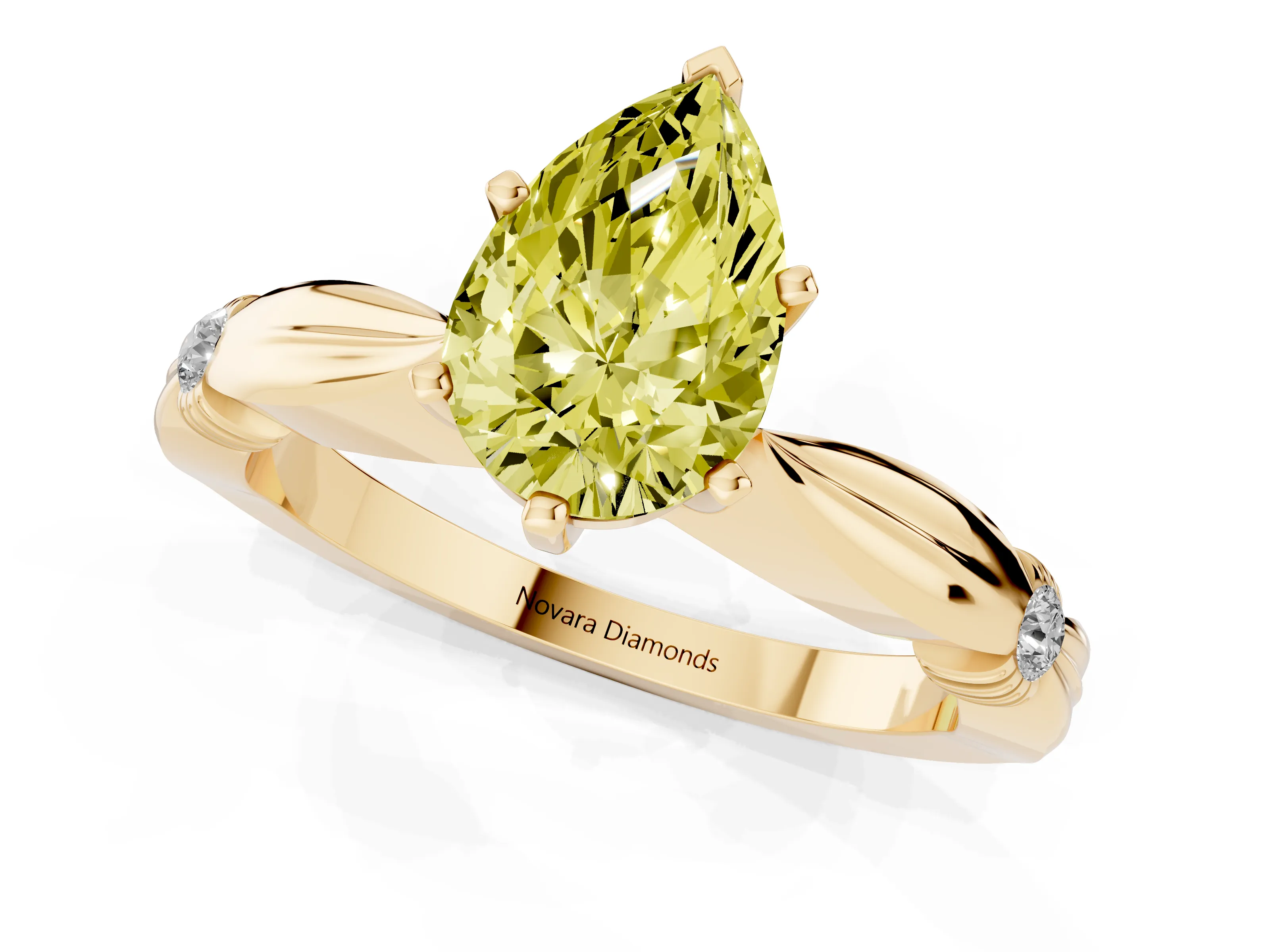 Fancy Yellow Pear Cut Diamond Solitaire Twisted Band Ring Set in Yellow gold with Accent Stones and Prong Setting