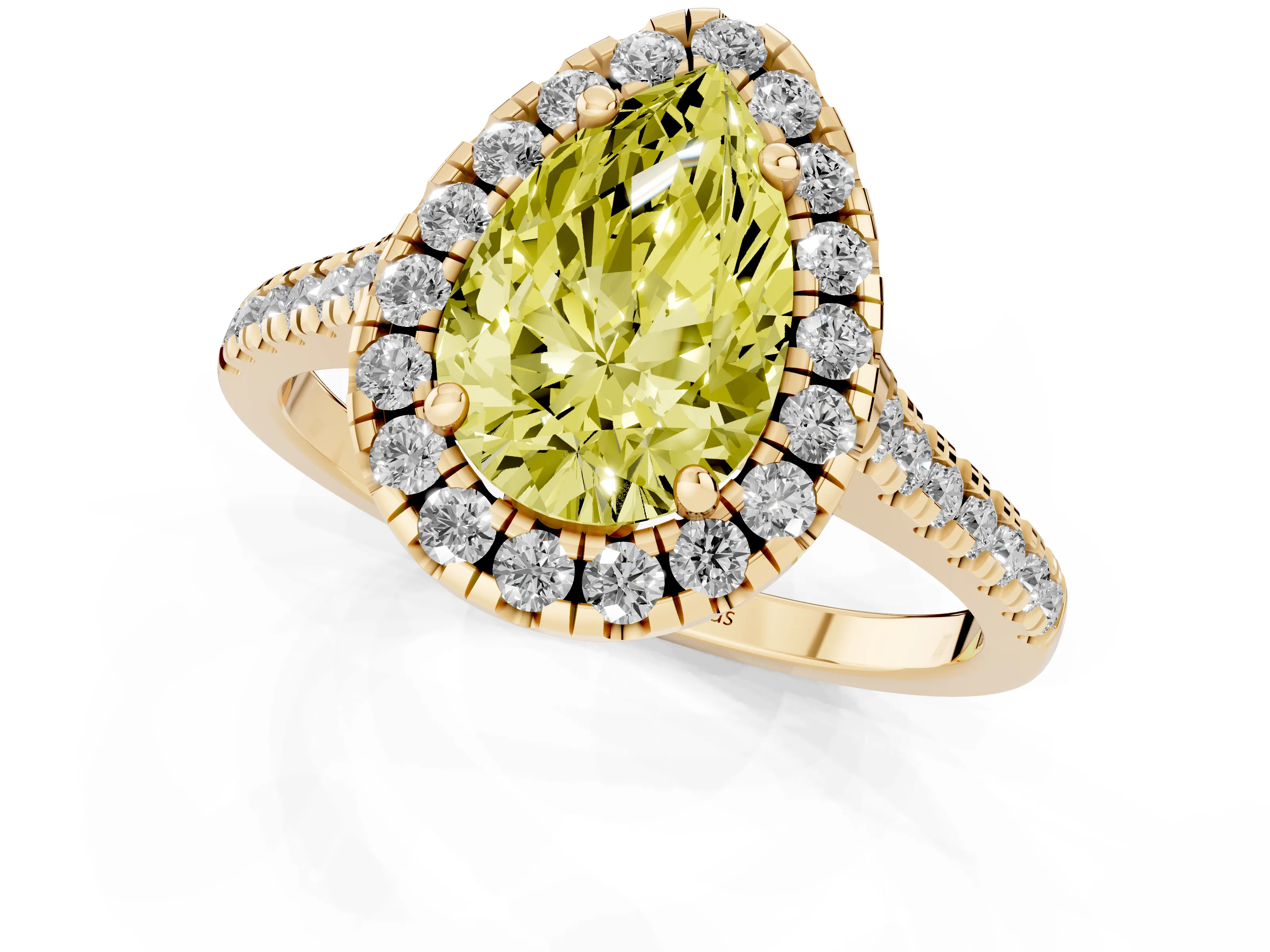 Fancy Yellow Pear Cut Diamond Cushion Halo Ring Set in Yellow gold with Pavé Band