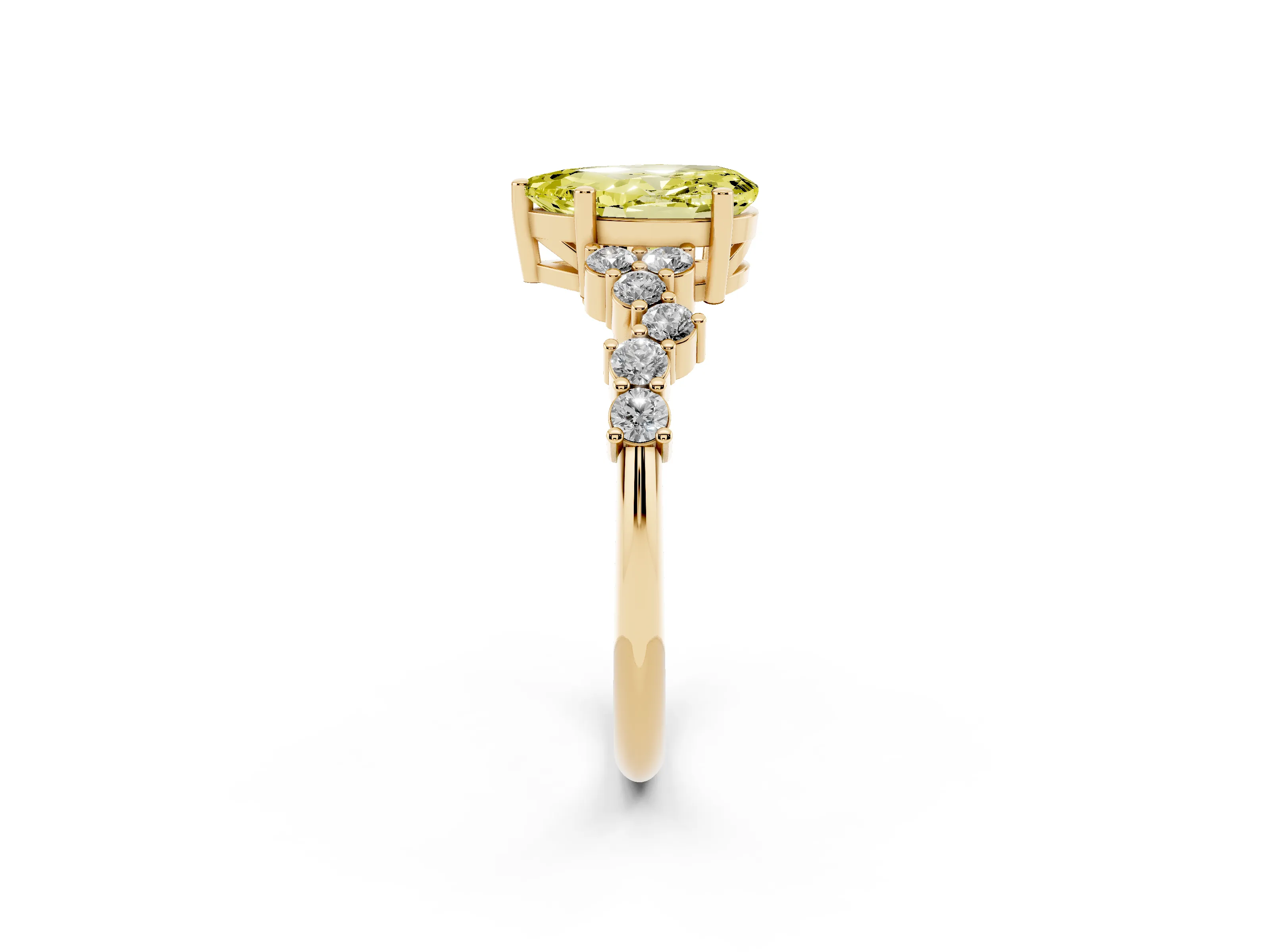 Fancy Yellow Pear Cut Diamond Ring Set in Yellow gold with Scattered Round Accents
