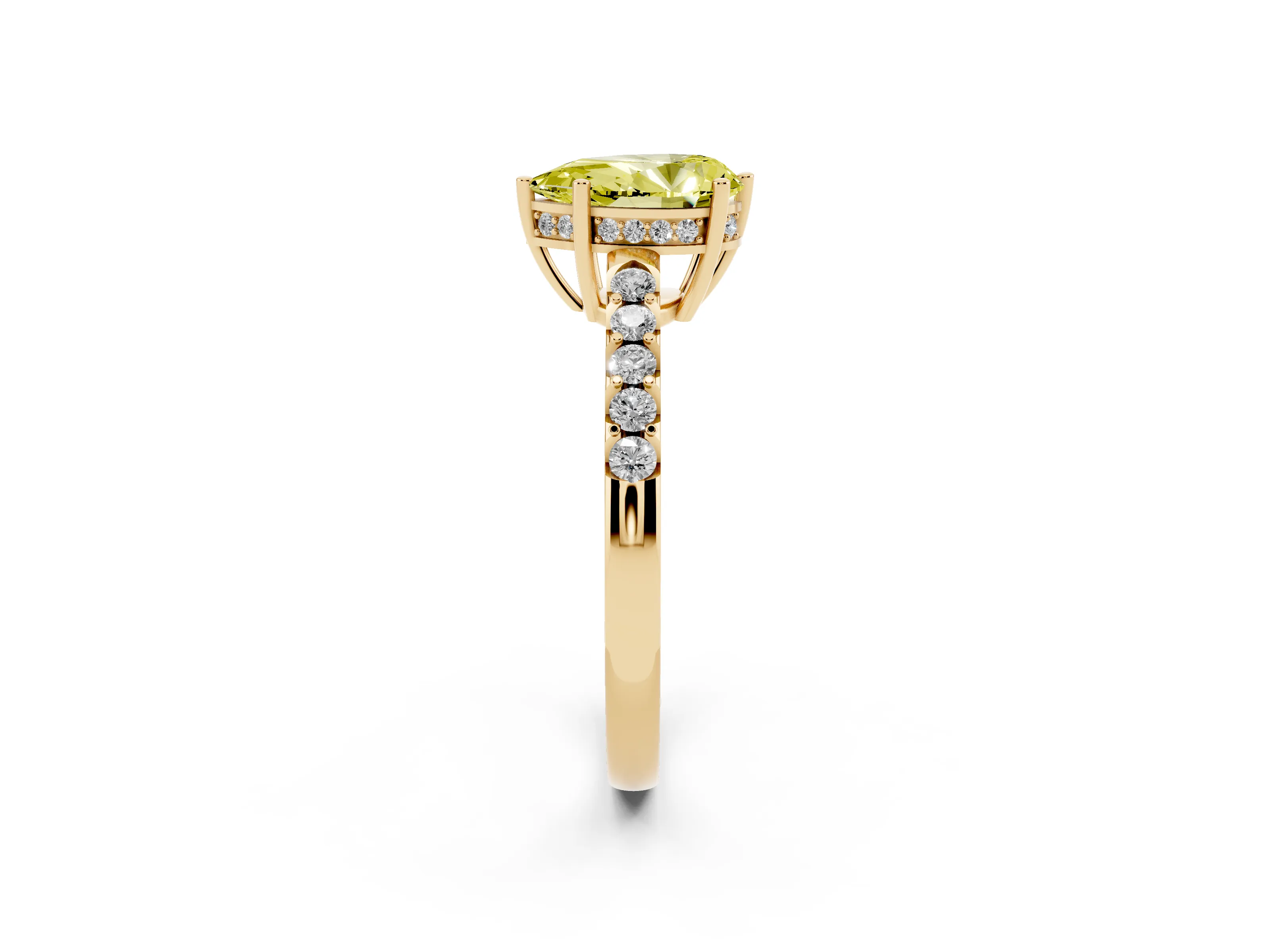 Fancy Yellow Pear Cut Diamond Solitaire Engagement Ring Set in Yellow gold with Pavé Band and Prong Setting
