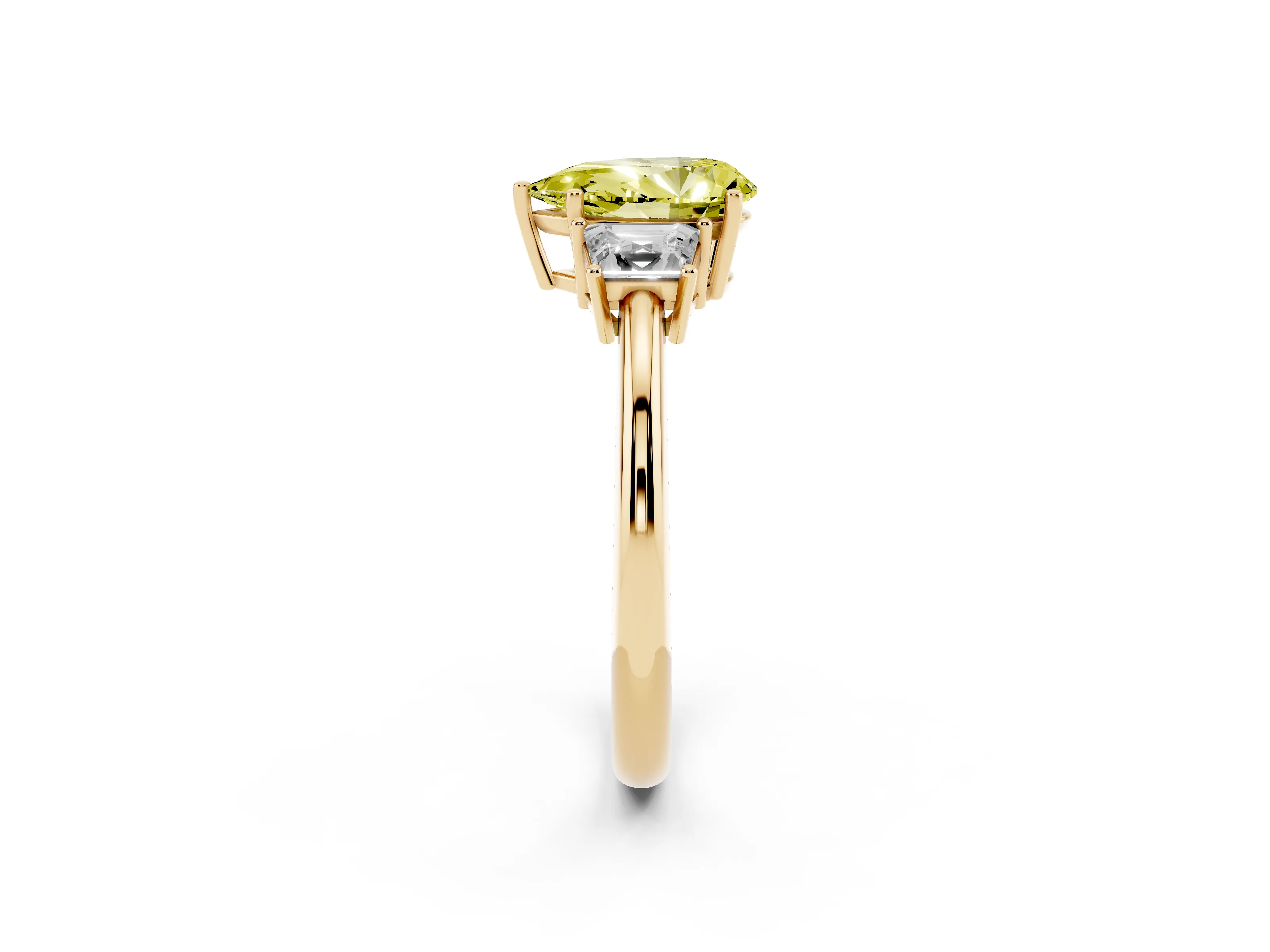 Fancy Yellow Pear Cut Diamond Three-Stone Ring Set in Yellow gold with Trapezoid Side Stones and Prong Setting