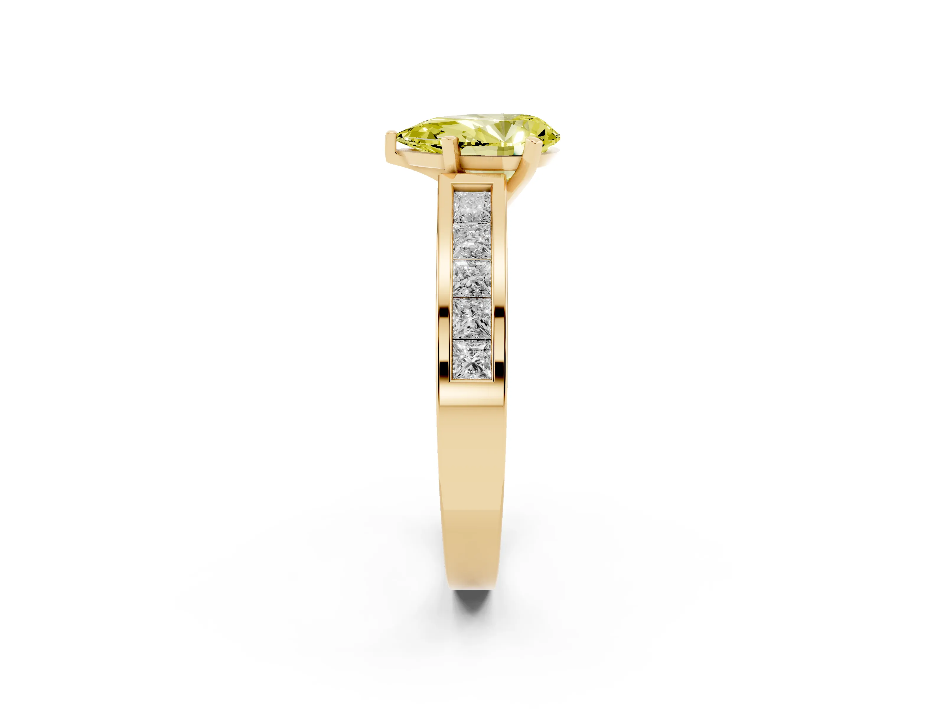 Fancy Yellow Pear Cut Diamond Solitaire Ring Set in Yellow gold with Channel-Set Band and Prong Setting