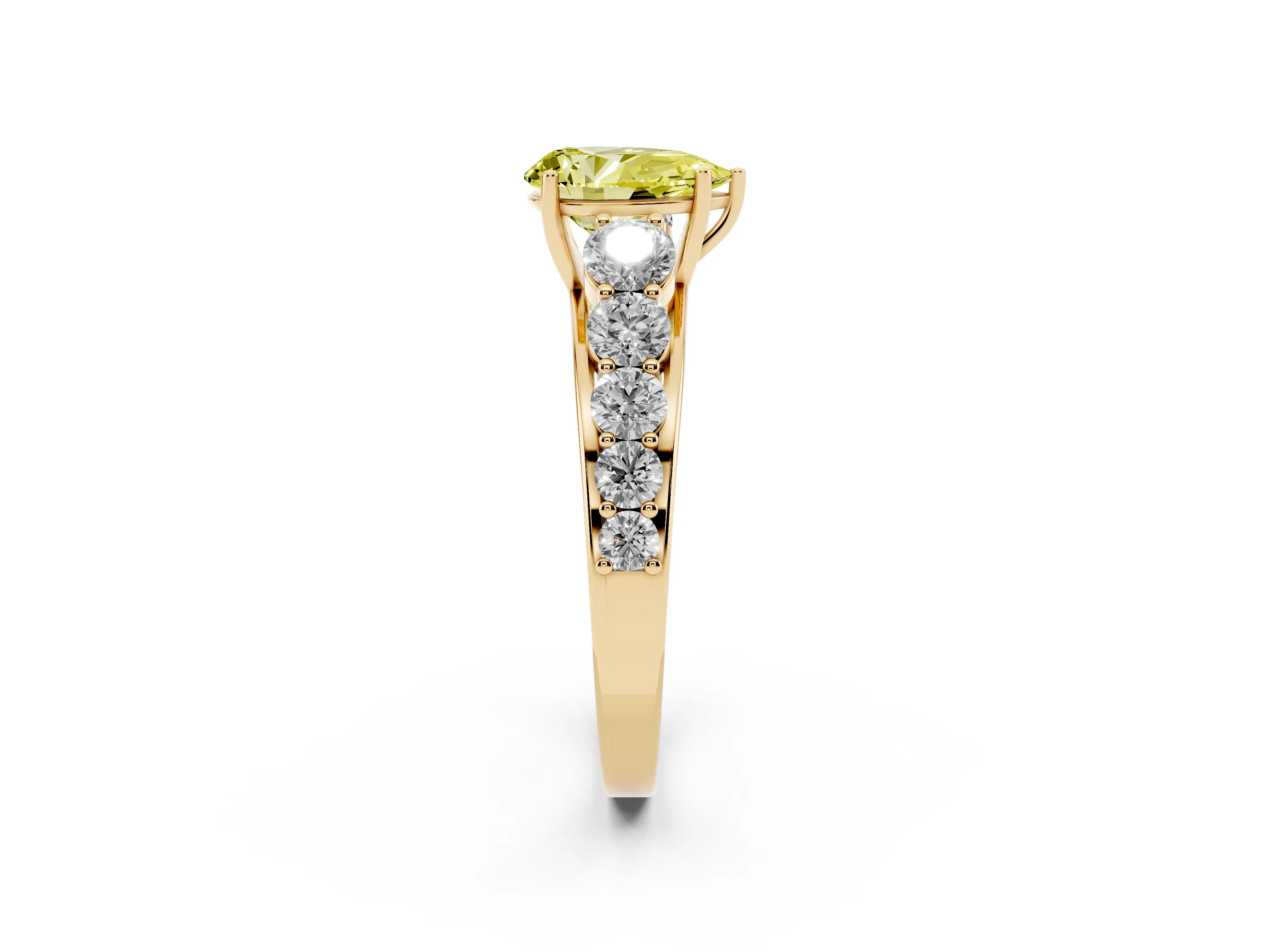 Fancy Yellow Pear Cut Diamond Solitaire Ring Set in Yellow gold with Pavé-Set Band and Prong Setting