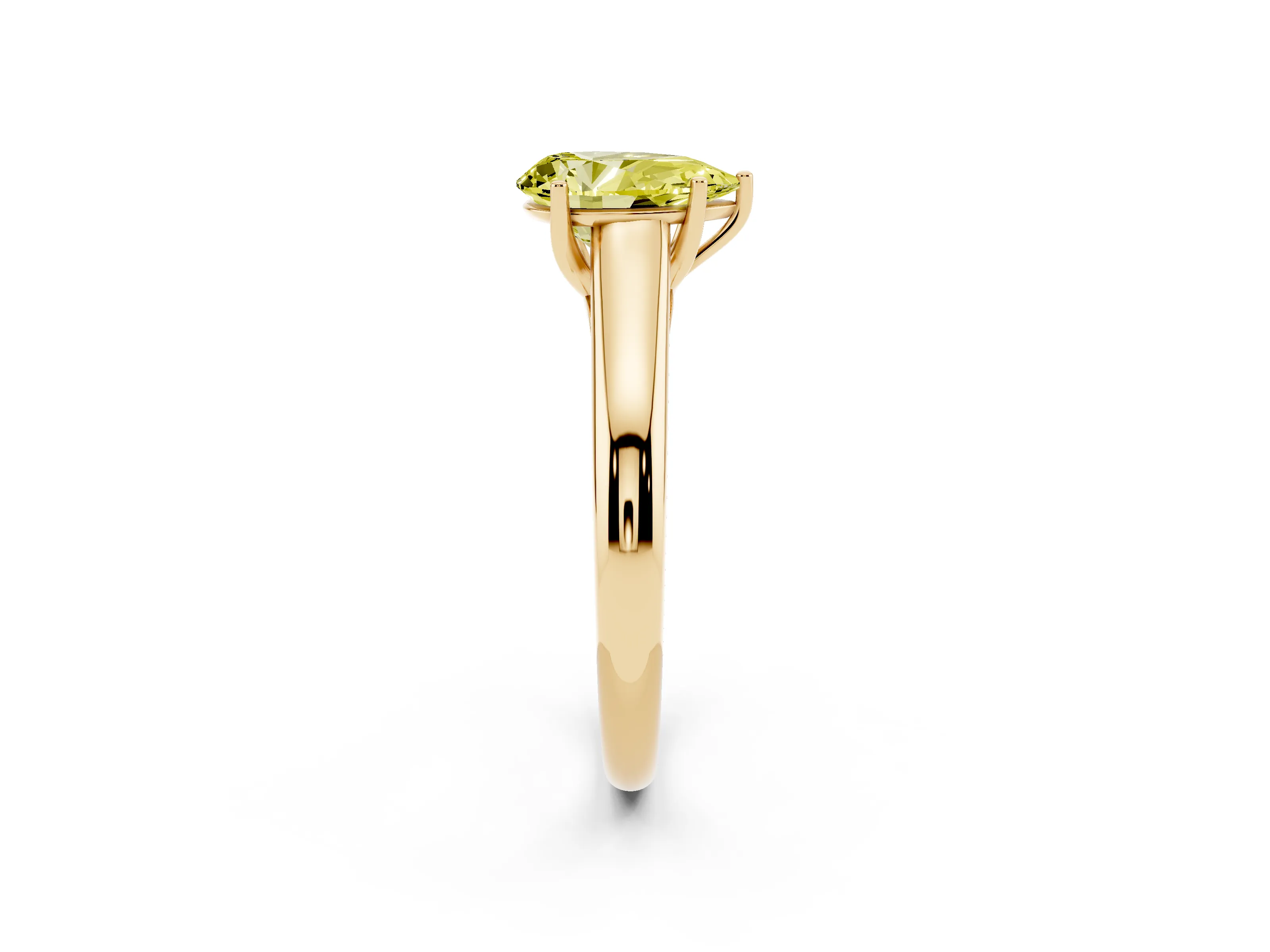 Fancy Yellow Pear Cut Diamond Solitaire Engagement Ring Set in Yellow gold with Subtly Tapered Band and Prong Setting