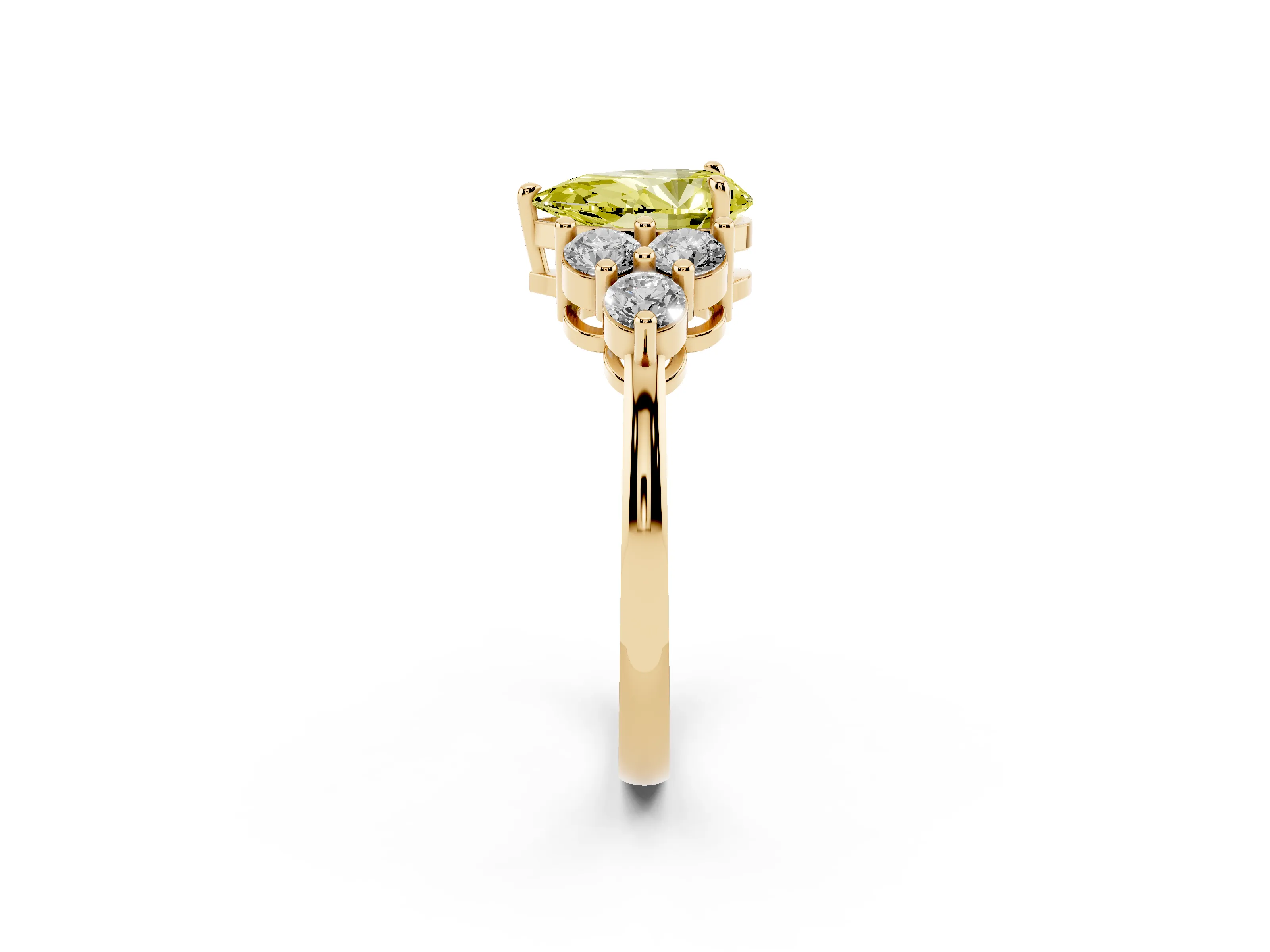 Fancy Yellow Pear Cut Diamond Solitaire Ring Set in Yellow gold with Cluster Accents on Each Side