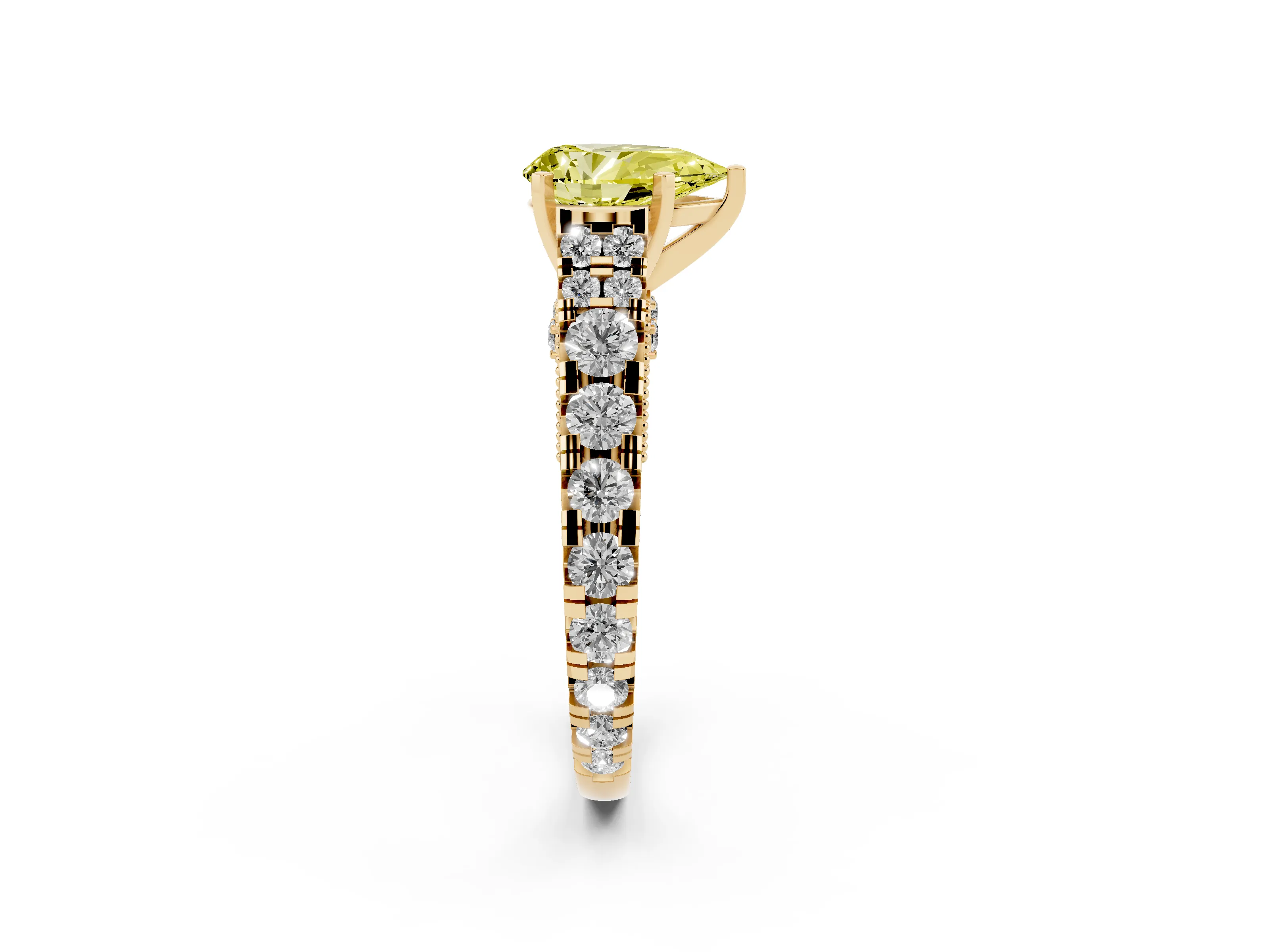 Fancy Yellow Pear Cut Diamond Classic Solitaire Ring Set in Yellow gold with Pavé Band and Prong Setting