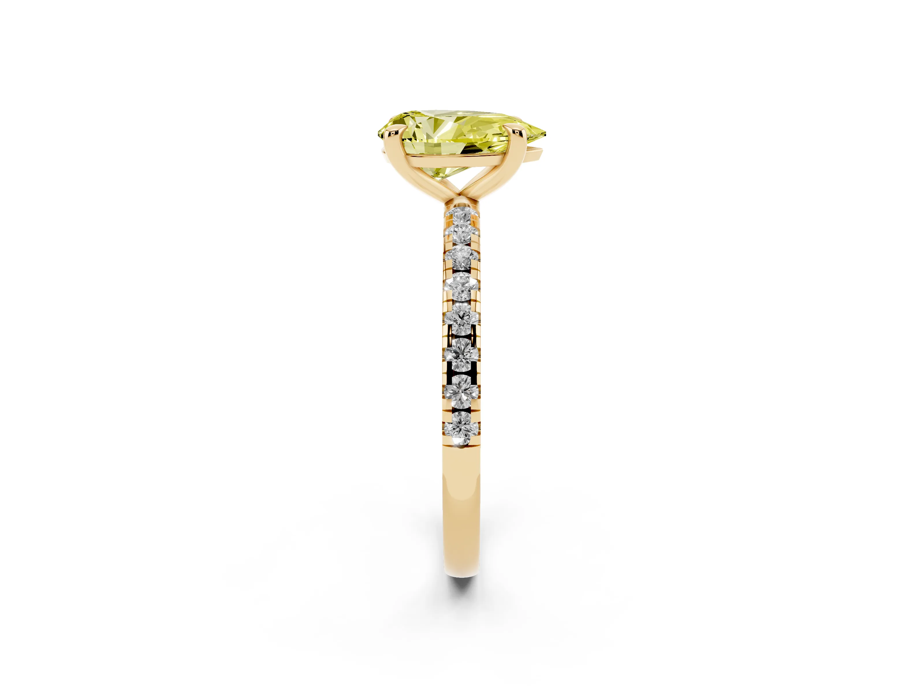 Fancy Yellow Pear Cut Diamond Brilliant Solitaire Ring Set in Yellow gold with Pavé Band and Prong Setting