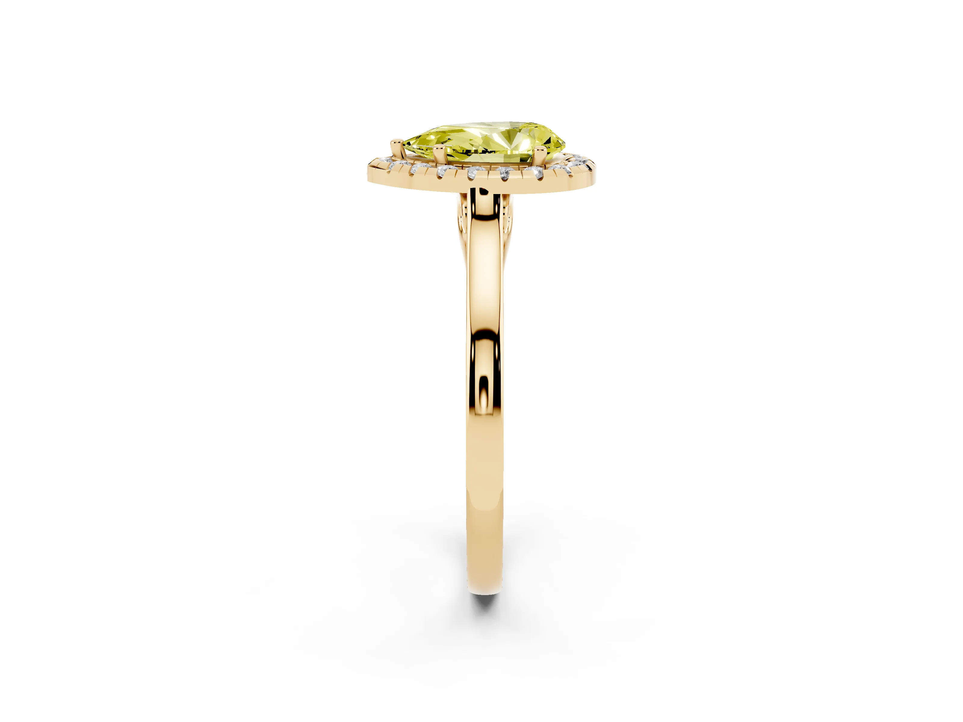 Fancy Yellow Pear Cut Halo Round Diamond Solitaire Ring Set in Yellow gold with Pavé Band and Prong Setting