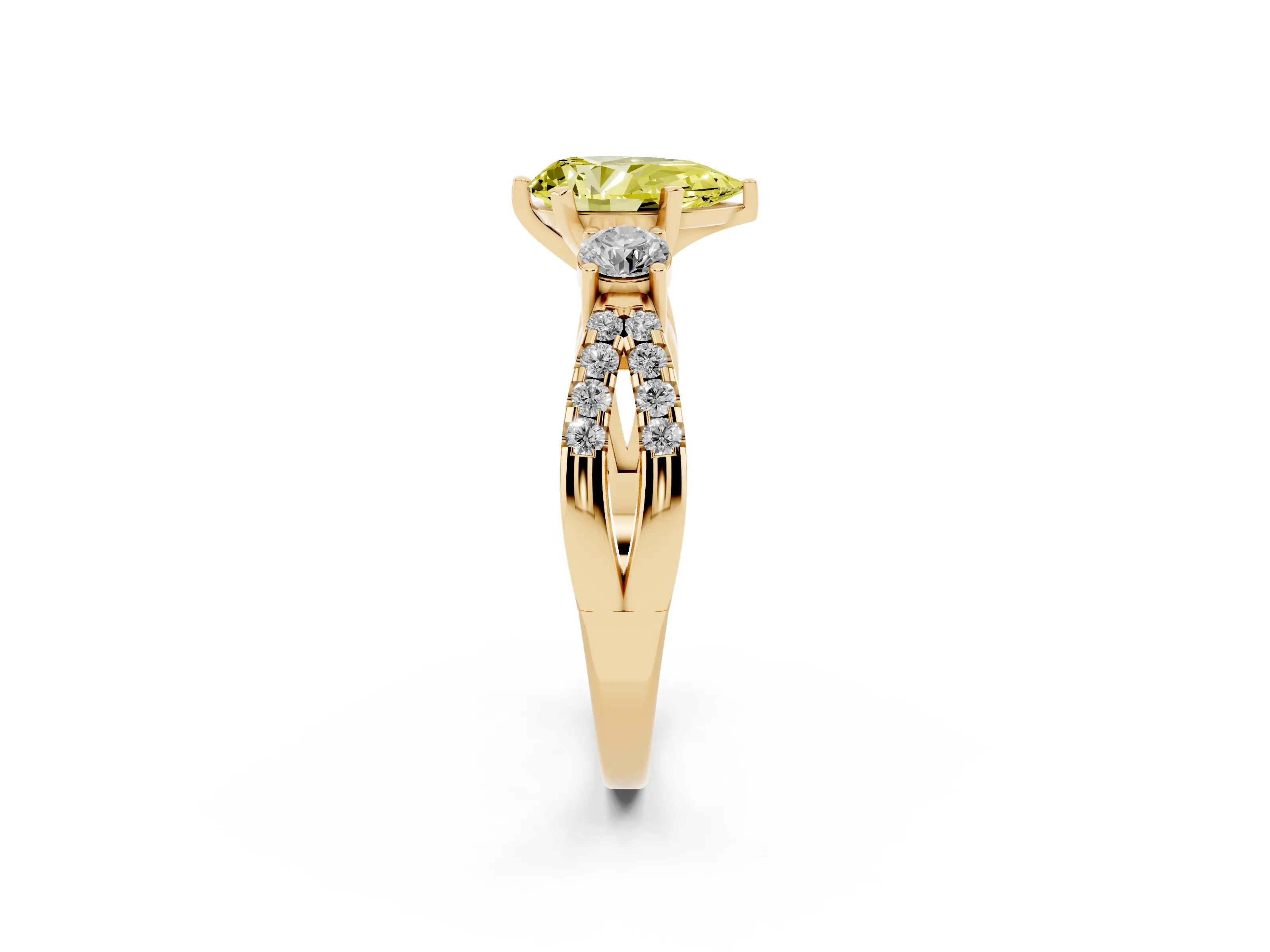 Fancy Yellow Pear Cut Diamond Three-Stone Ring Set in Yellow gold with Pavé Split Shank and Prong Setting