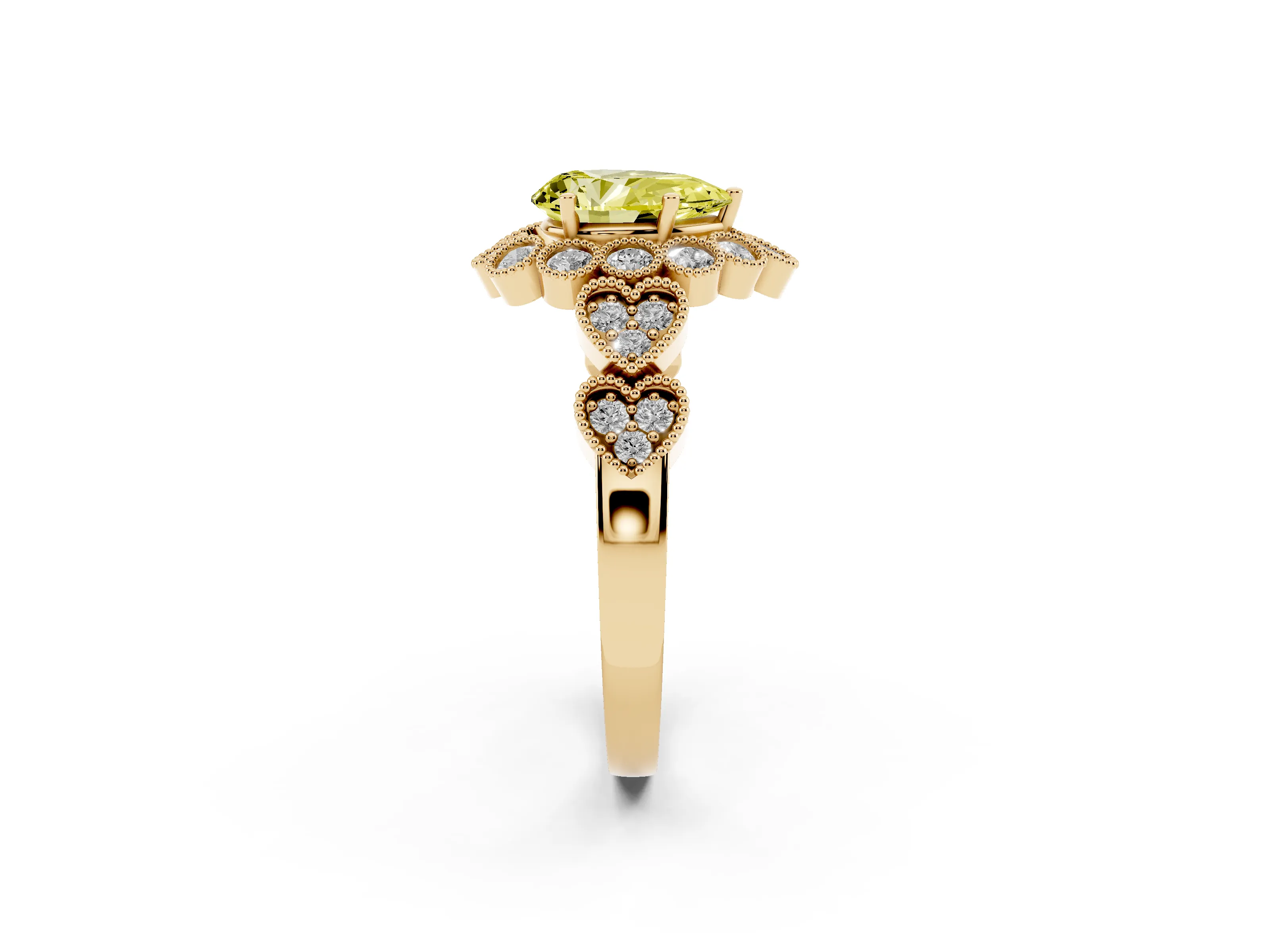Fancy Yellow Pear Cut Diamond Solitaire Ring Set in Yellow gold with Milgrain Pavé Heart Band
