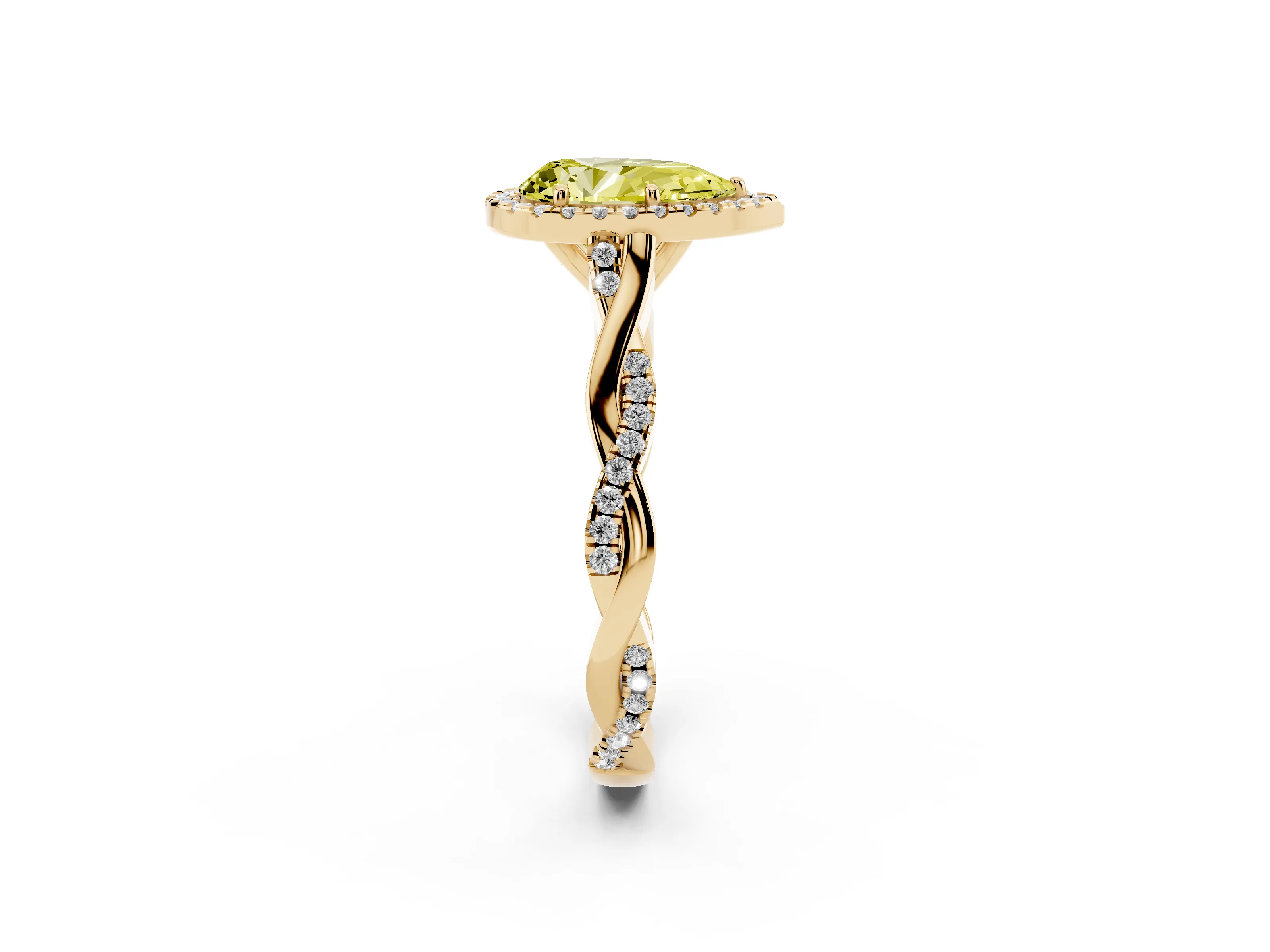 Fancy Yellow Pear Cut Diamond Halo Twist Band Solitaire Ring Set in Yellow gold with Prong Setting