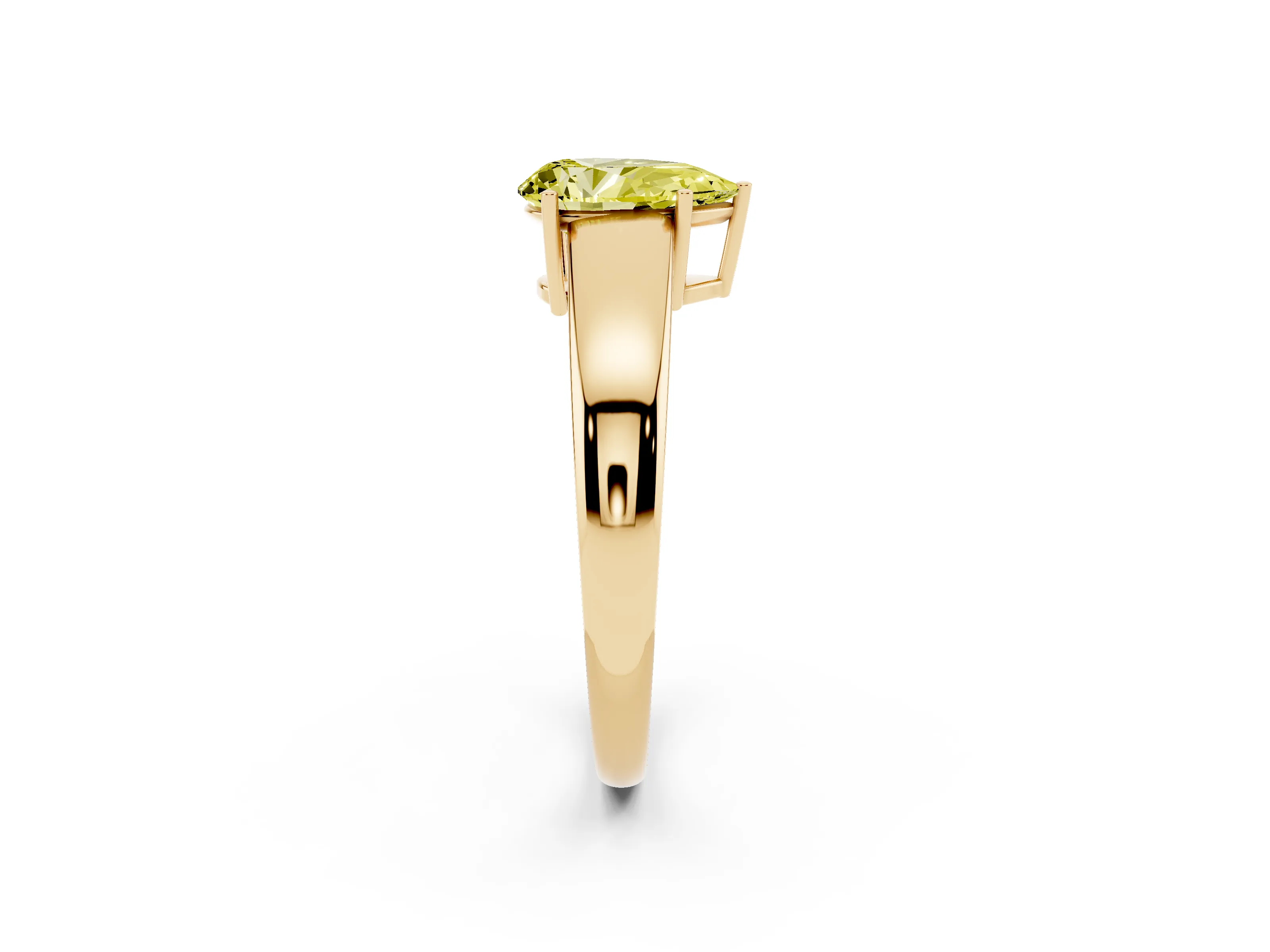 Fancy Yellow Pear Cut Diamond Solitaire Ring Set in Yellow gold with Tapered Band and Prong Setting