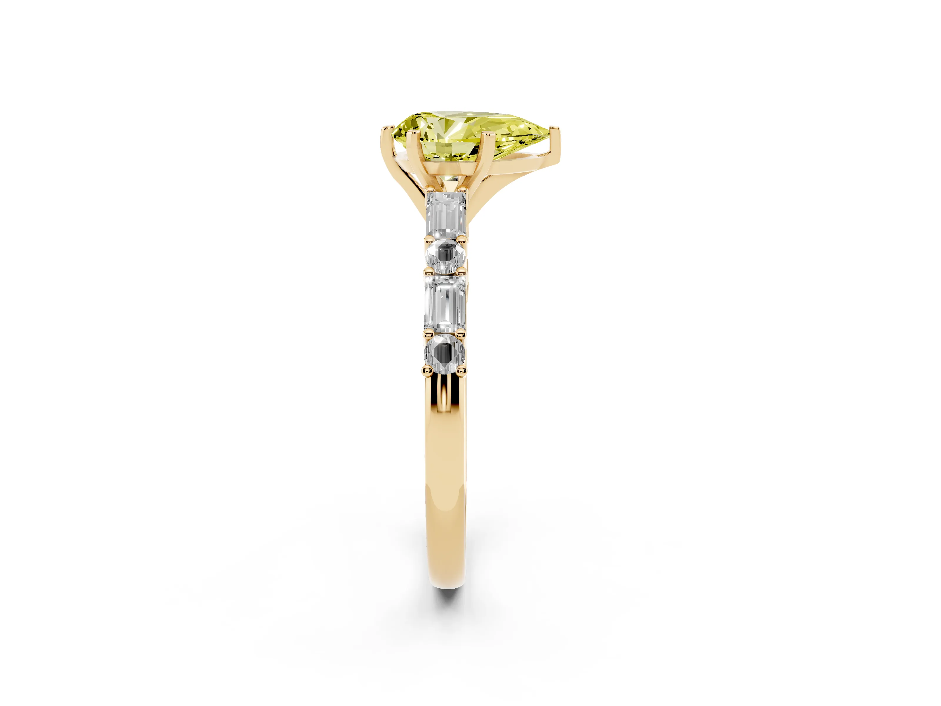 Fancy Yellow Pear Cut Diamond Solitaire Set in Yellow gold with Side Baguettes and Channel Set Band
