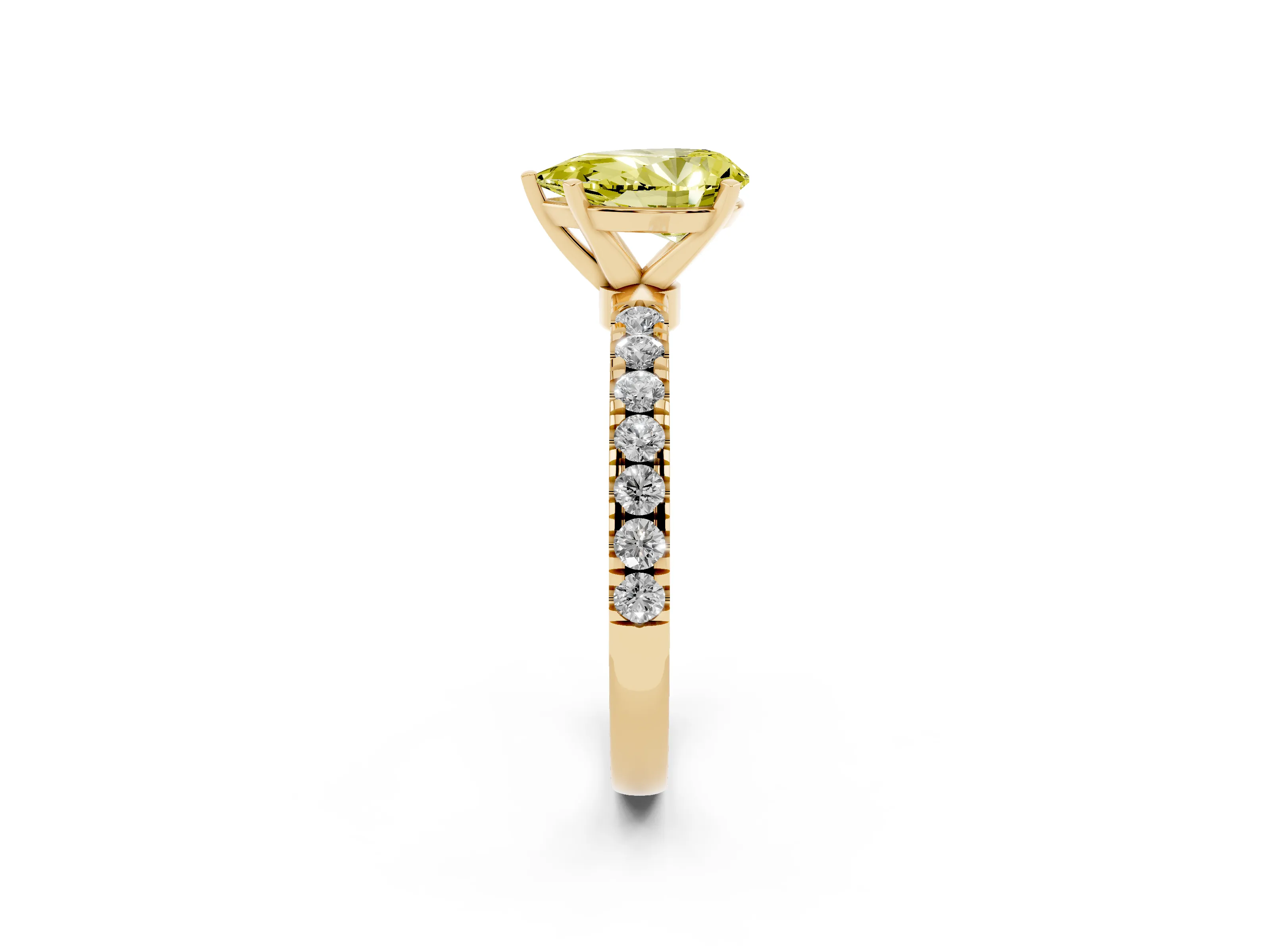 Fancy Yellow Pear Cut Diamond Solitaire Ring Set in Yellow gold with Pavé Accents and Prong Setting