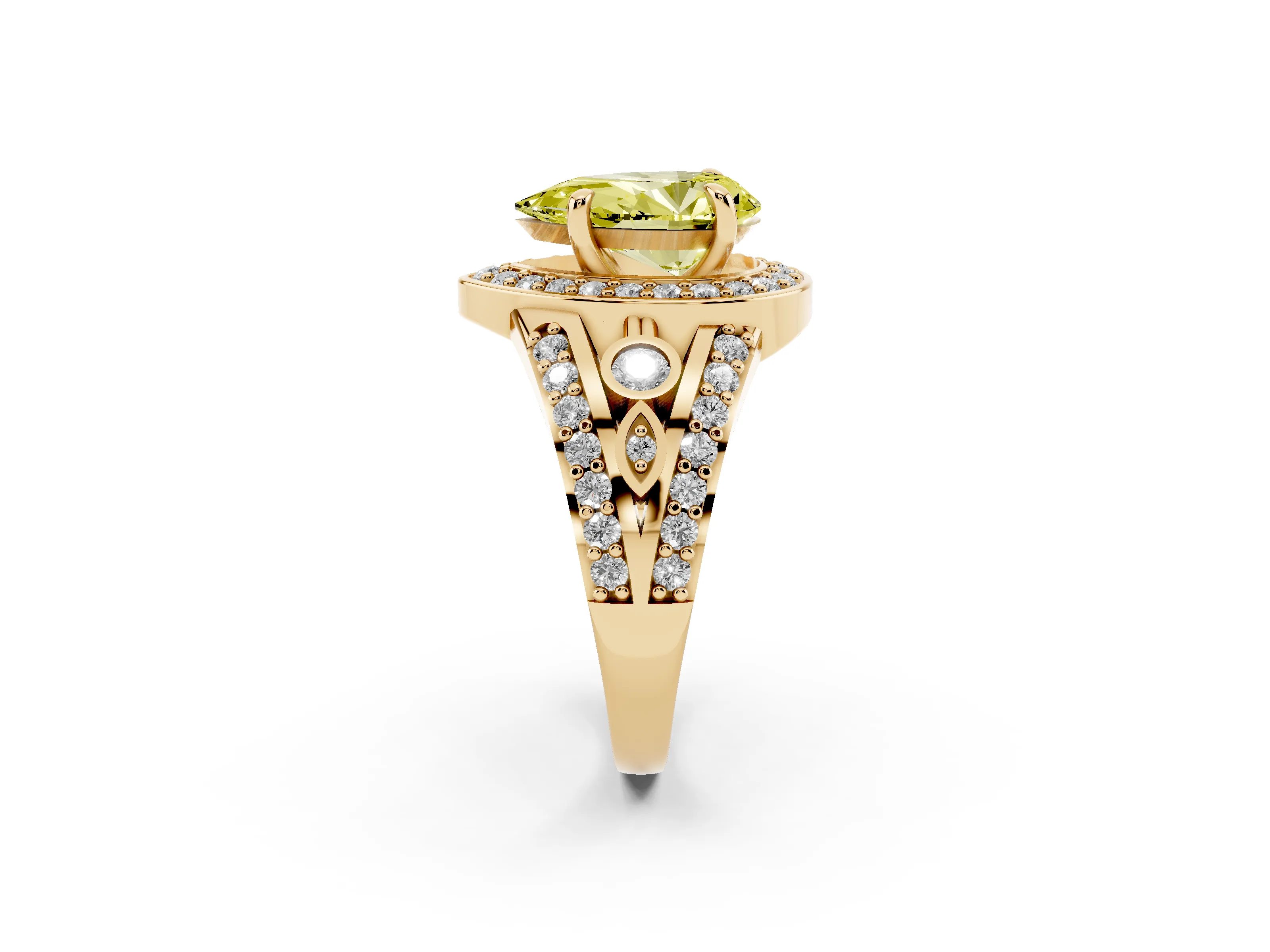 Fancy Yellow Pear Cut Diamond Halo Ring Set in Yellow gold with Pavé Split Shank and Bezel Accents