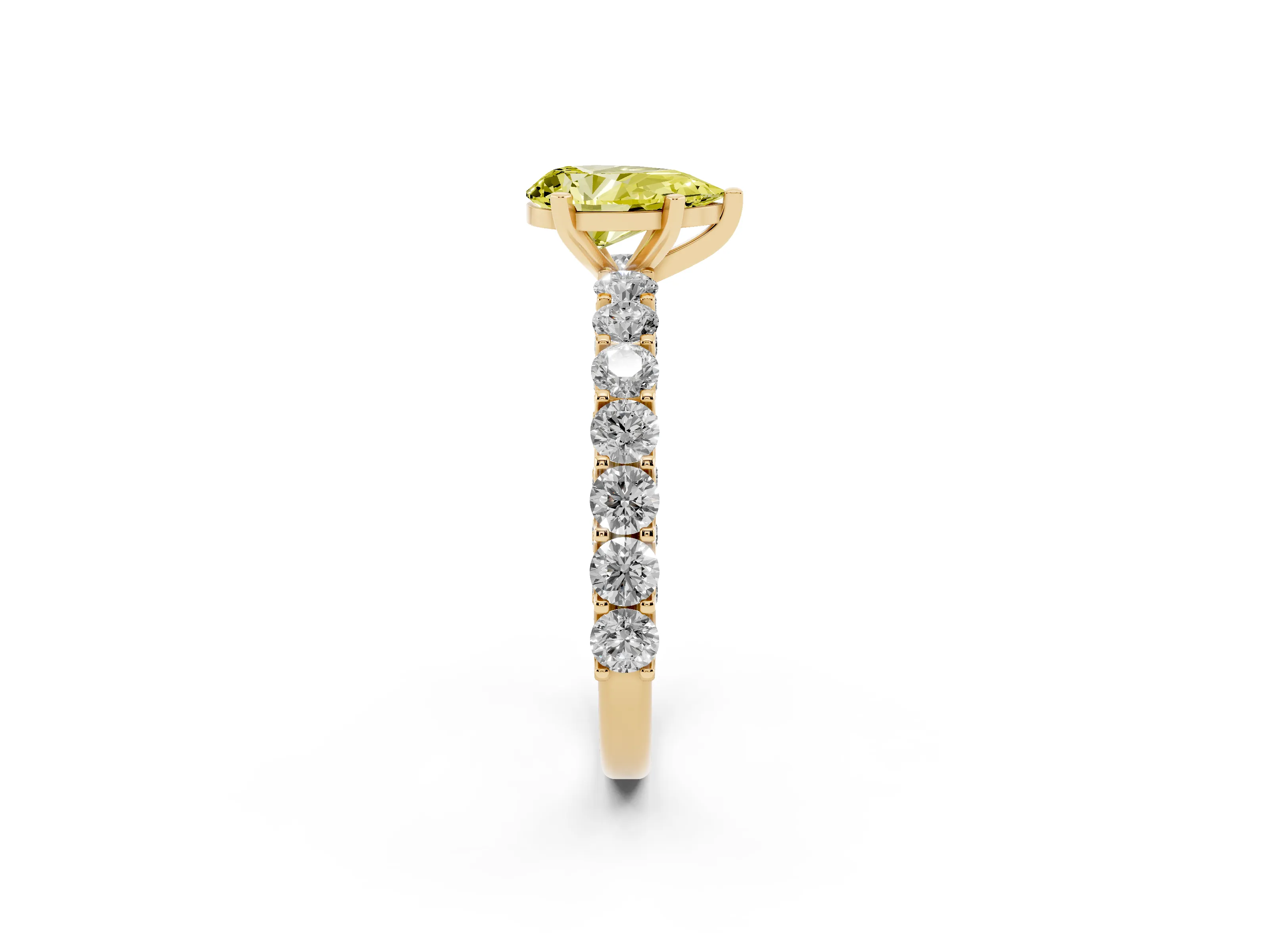Fancy Yellow Pear Cut Diamond Solitaire Ring Set in Yellow gold with Shared Prong Pavé Band