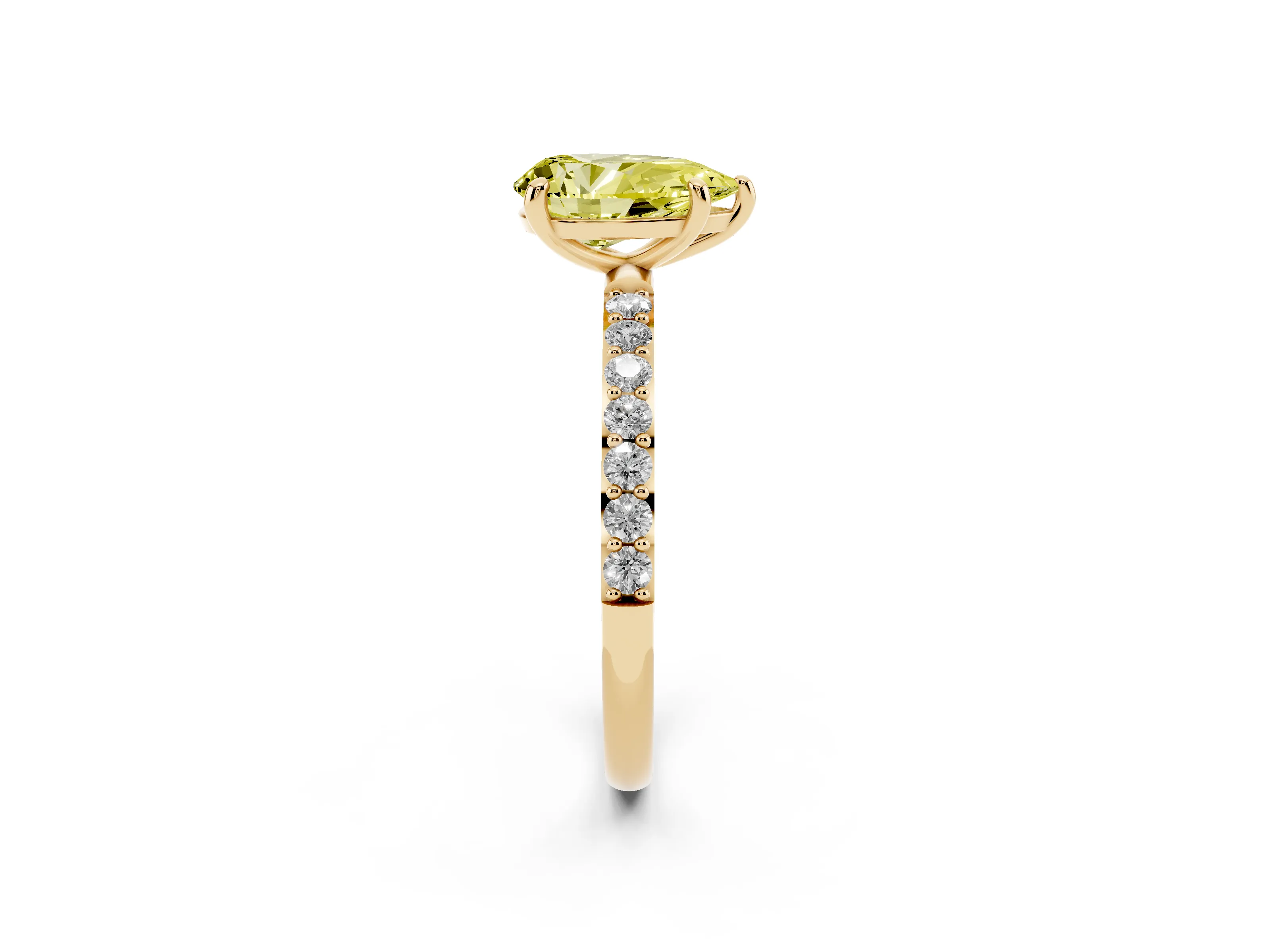 Fancy Yellow Pear Cut Diamond Solitaire Ring Set in Yellow gold with Round Pavé Band and Prong Setting
