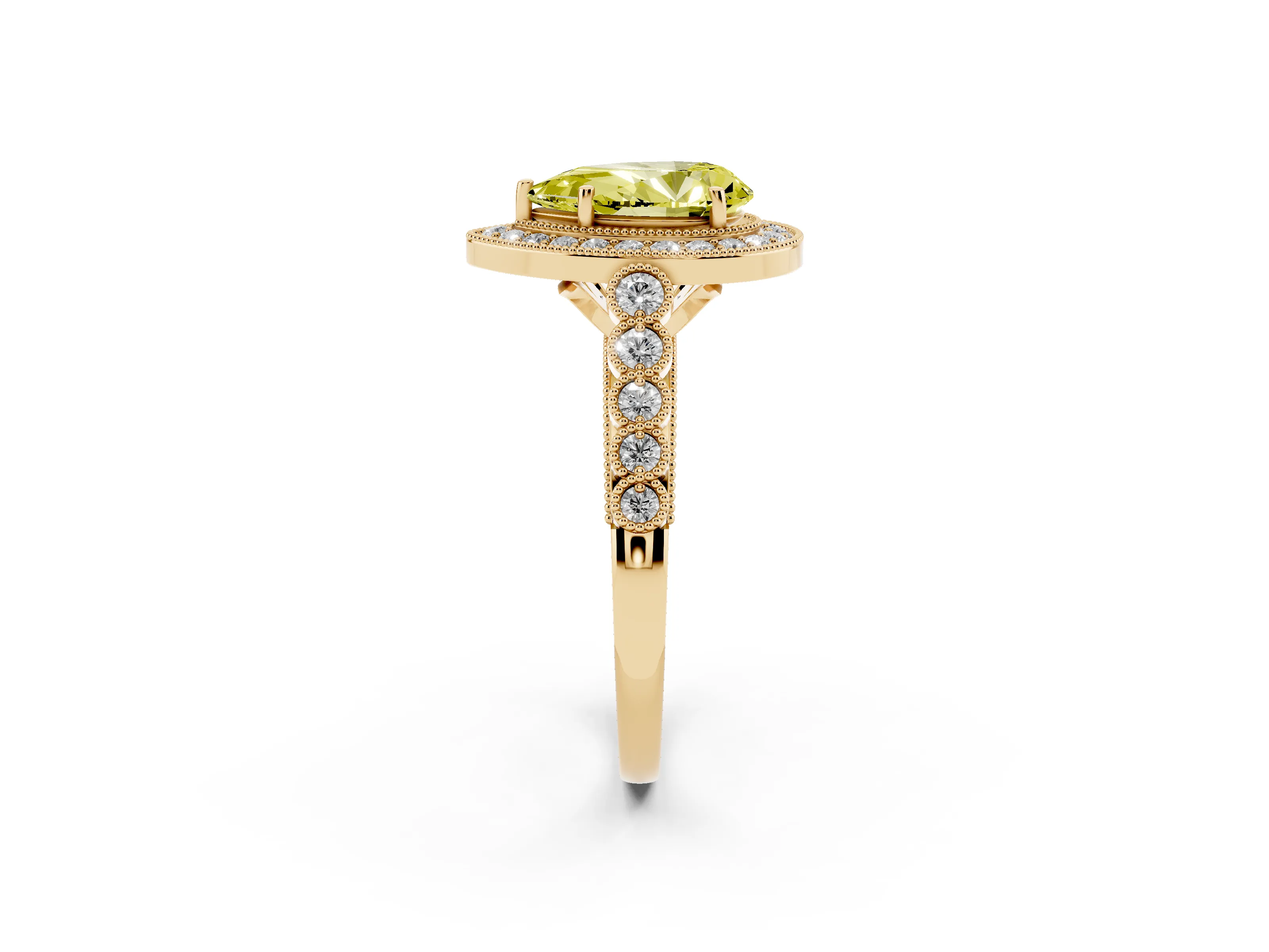 Fancy Yellow Pear Cut Diamond Milgrain Halo Solitaire Ring Set in Yellow gold with Bezel Set Side Stones and Pavé Band