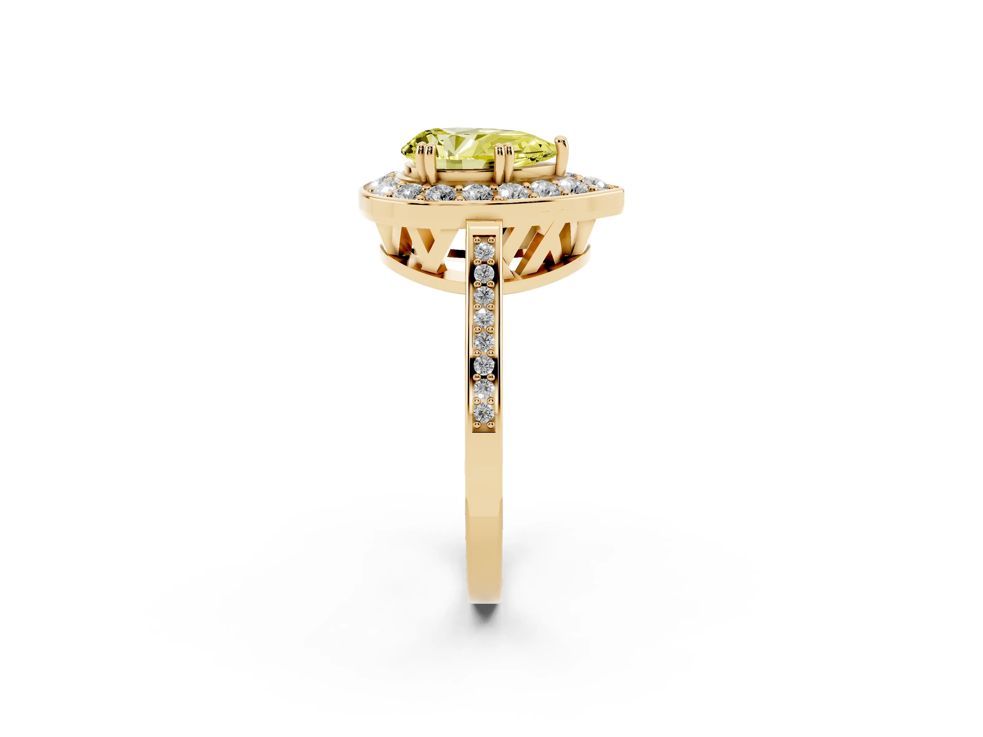 Fancy Yellow Pear Cut Diamond Halo Ring Set in Yellow gold with Accent-Lined Split Shank and Prong Setting