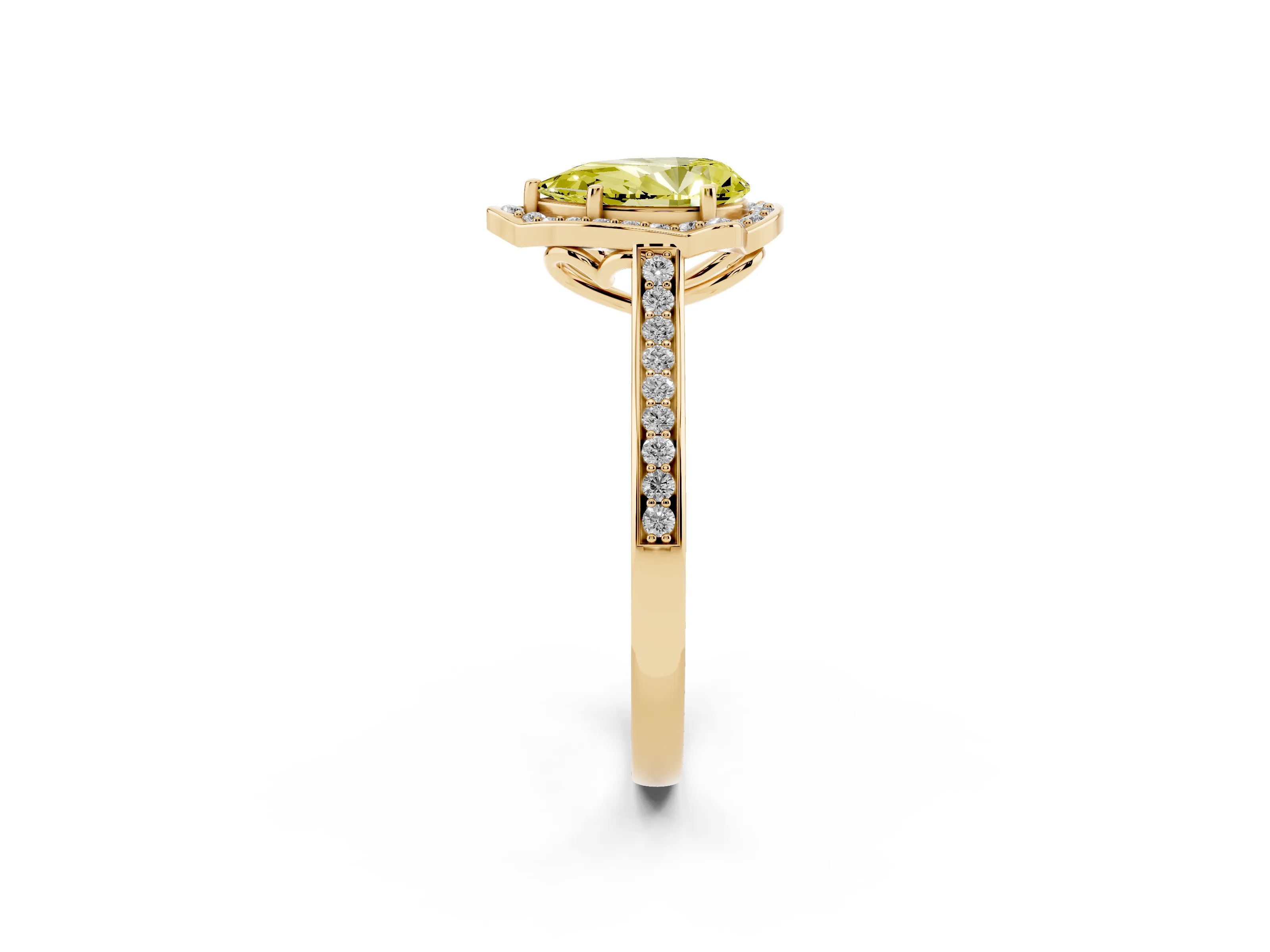 Fancy Yellow Pear Cut Diamond Halo Ring Set in Yellow gold with Pavé-Lined Shoulders and Prong Setting
