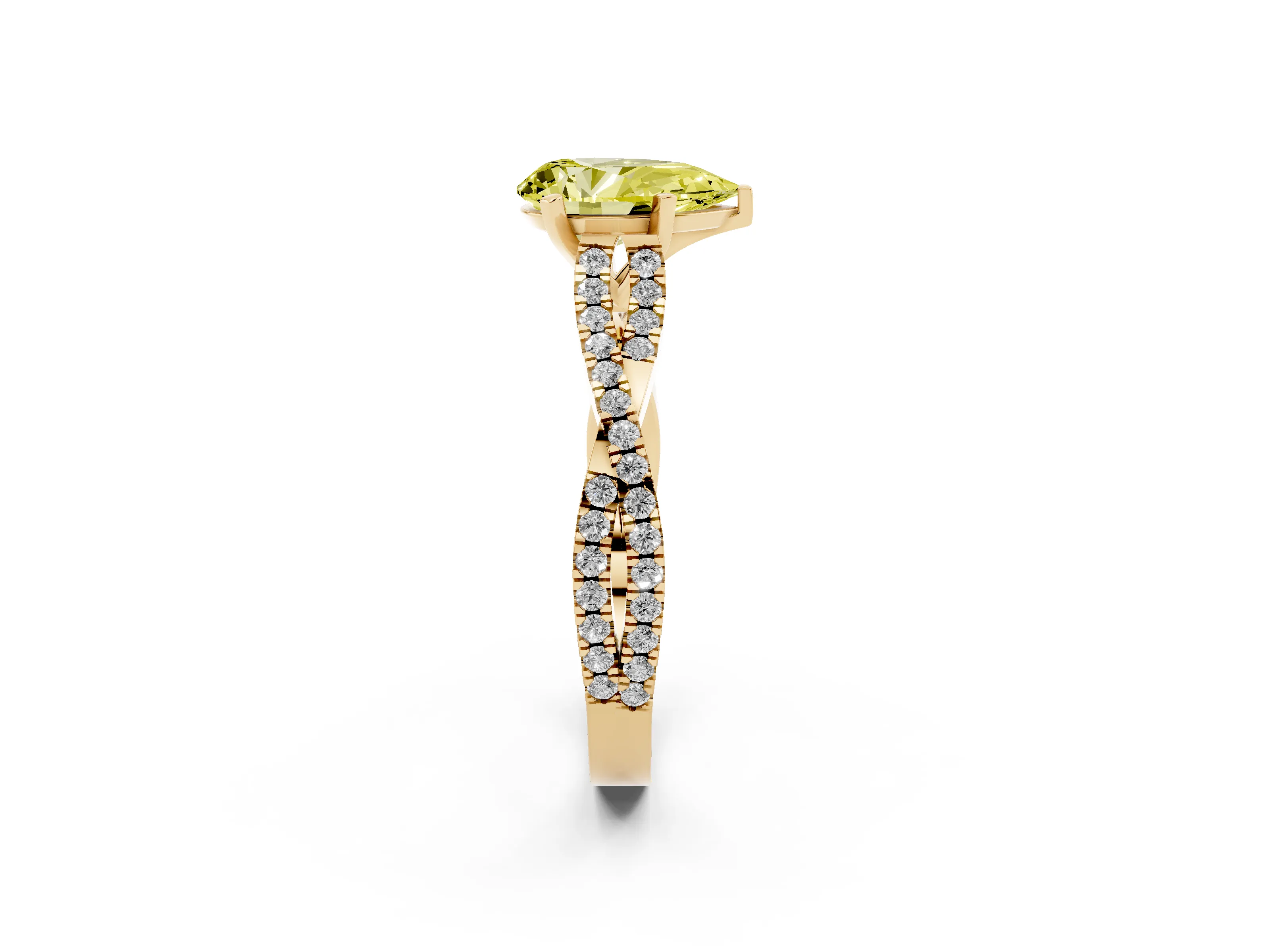Fancy Yellow Pear Cut Diamond Solitaire Engagement Ring Set in Yellow gold with Twisted Pavé Band and Prong Setting