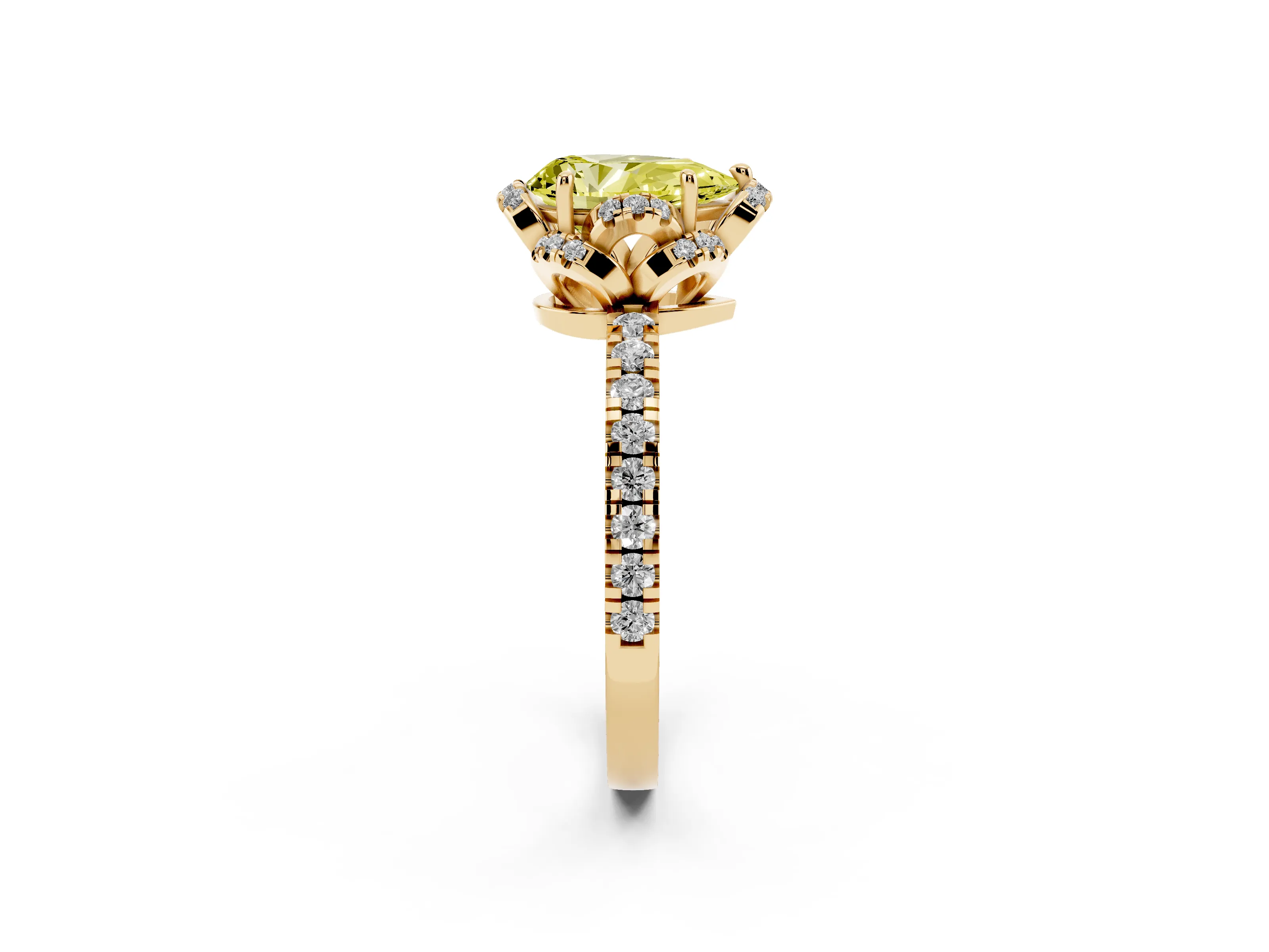 Fancy Yellow Pear Cut Diamond Halo Pavé Band Ring Set in Yellow gold with Prong-Held Center