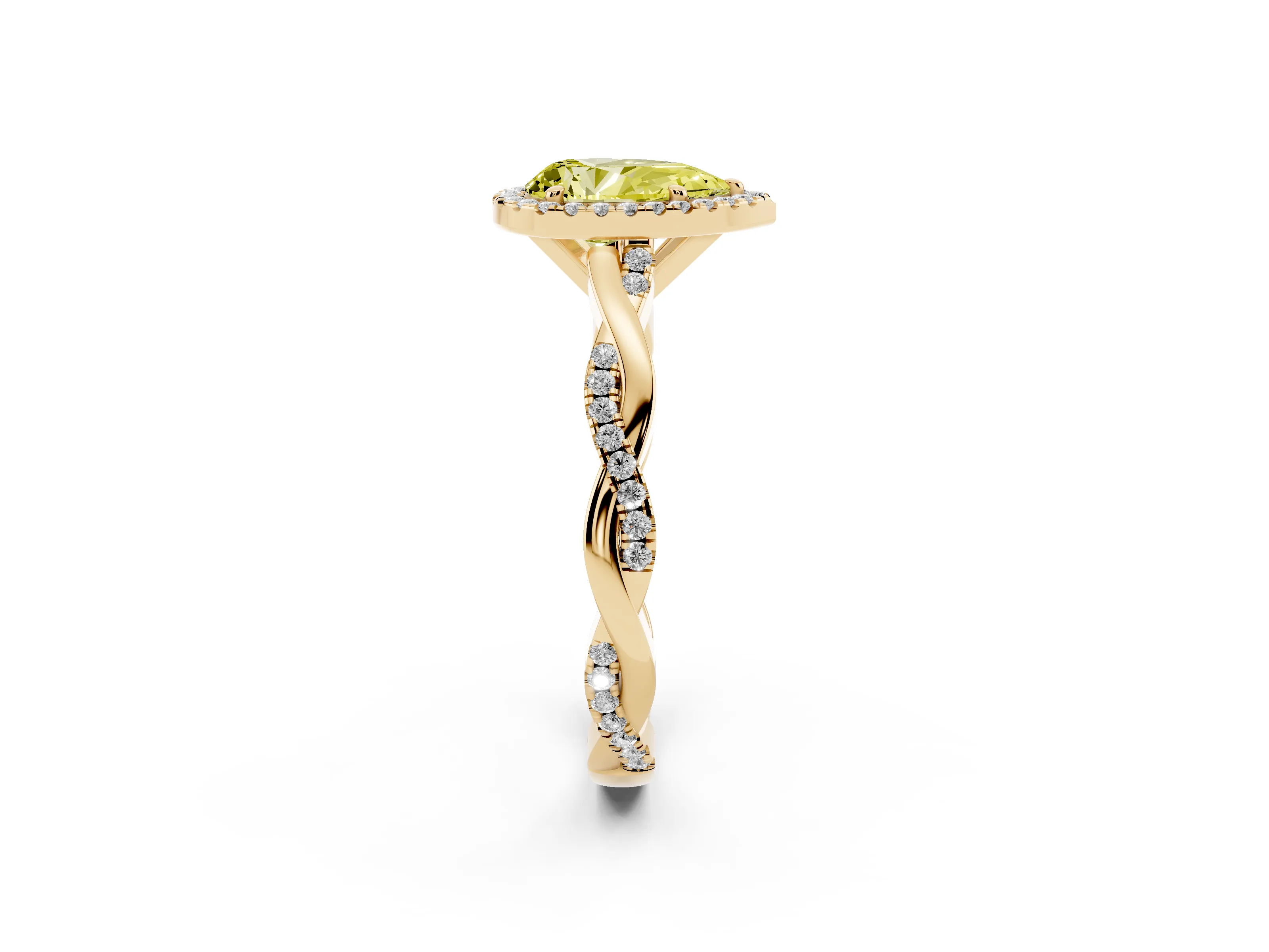 Fancy Yellow Pear Cut Diamond Halo Twisted Band Ring Set in Yellow gold with Prong Setting