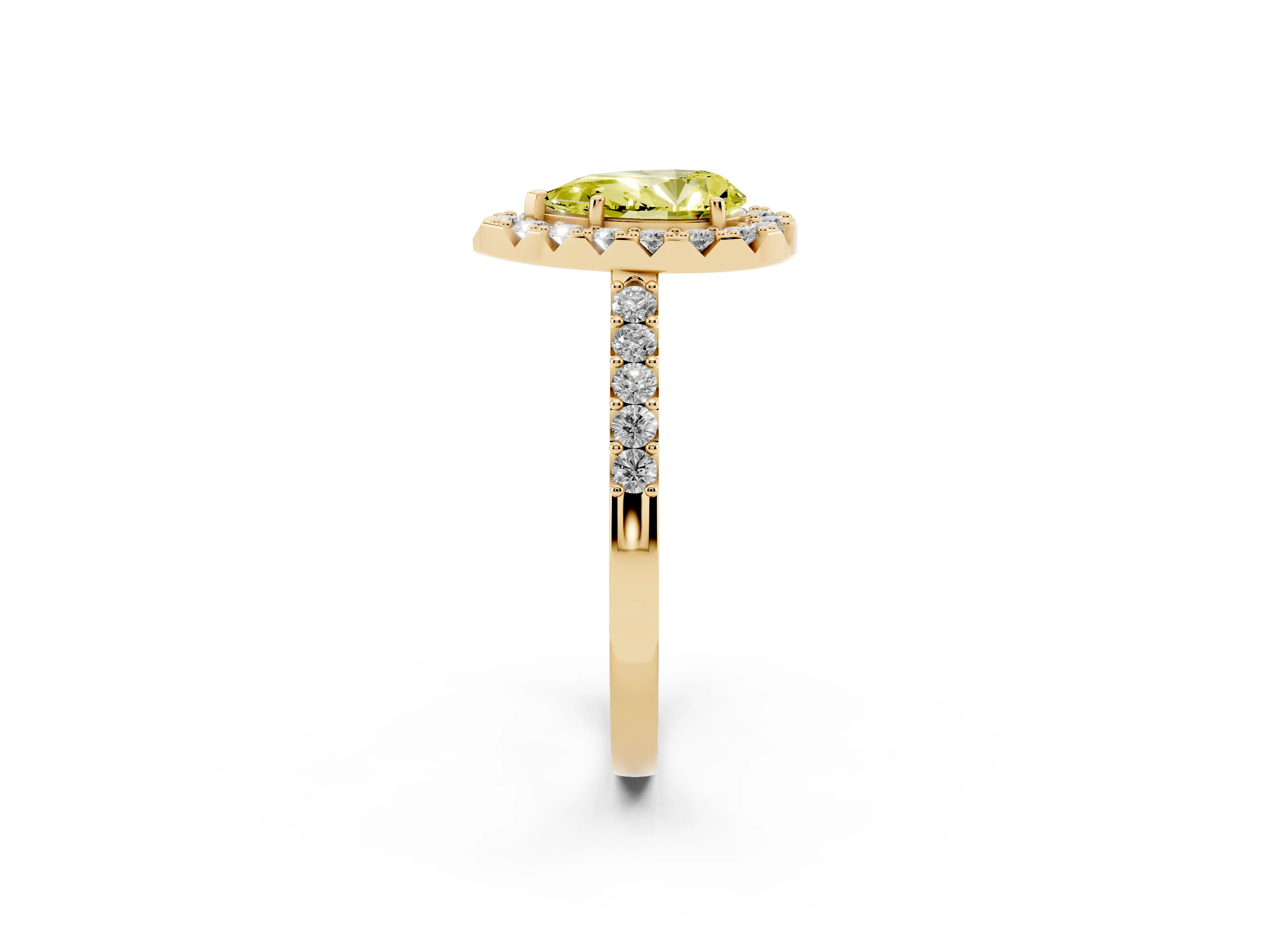 Fancy Yellow Pear Cut Diamond Halo Pavé Solitaire Ring Set in Yellow gold with Prong-Set Center Stone
