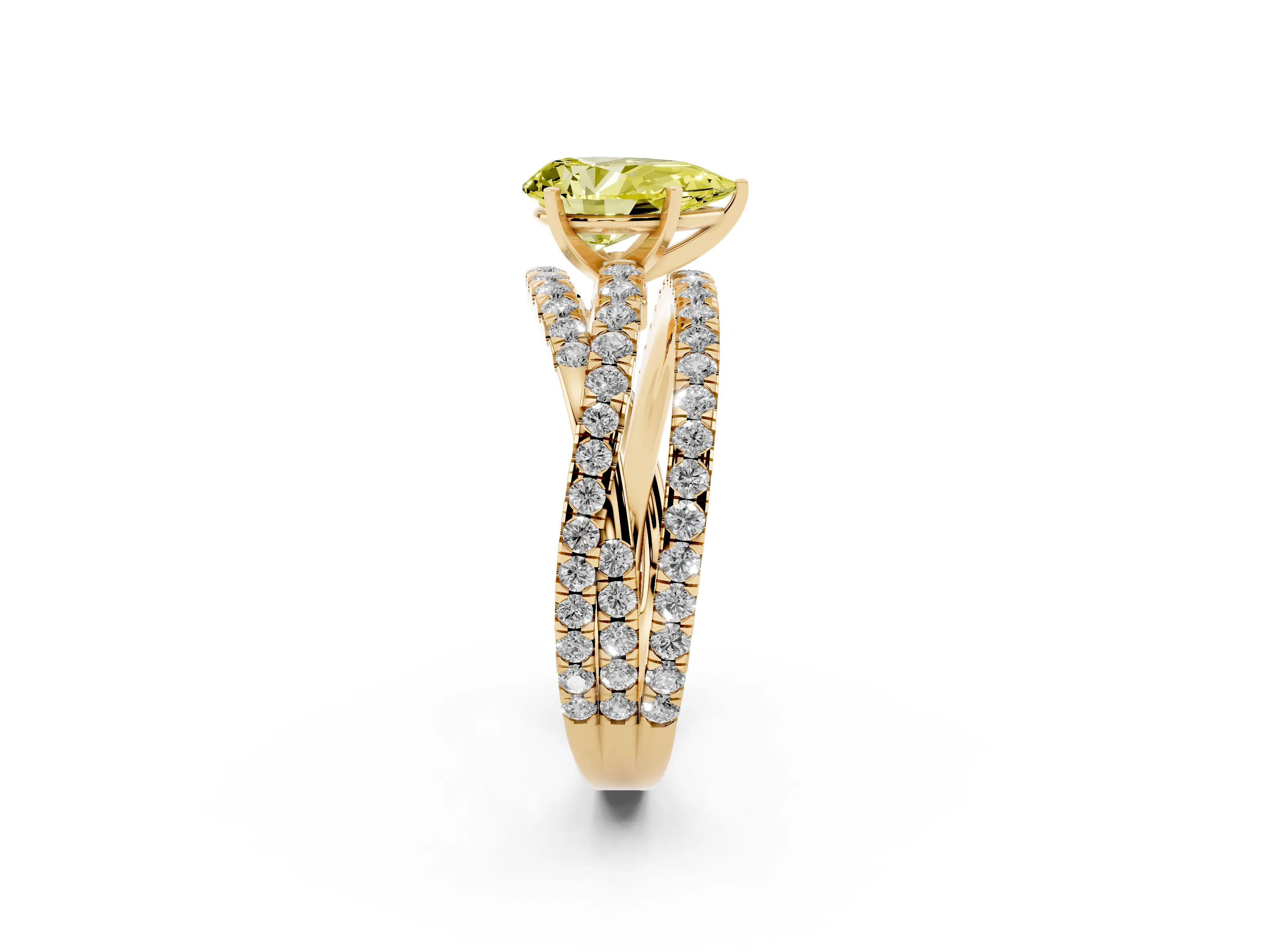 Fancy Yellow Pear Cut Diamond Solitaire Twist Band Ring Set in Yellow gold with Pavé Setting and Prong Head