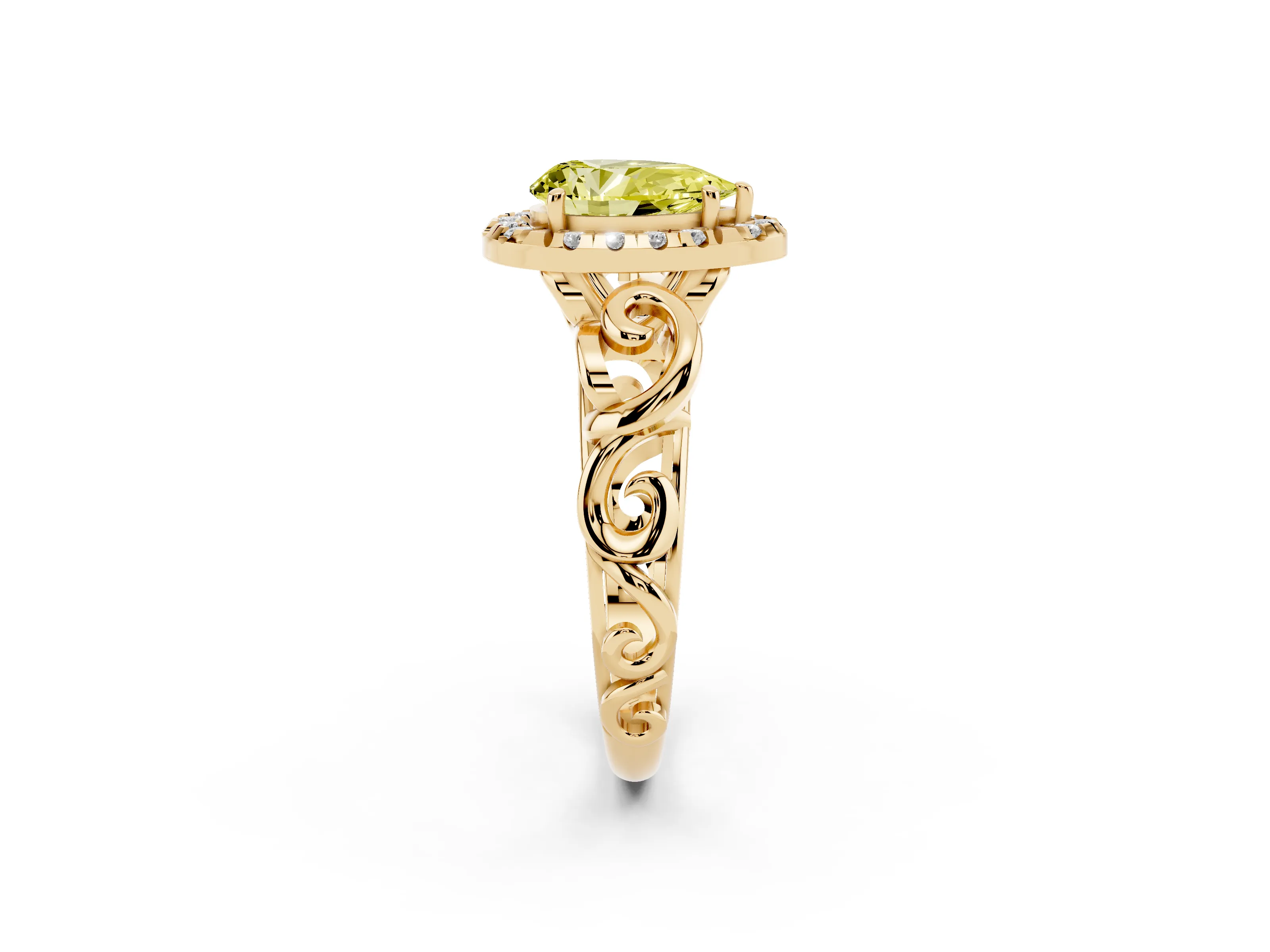 Fancy Yellow Pear Cut Diamond Halo Ring Set in Yellow gold with Scrollwork Band and Prong Setting