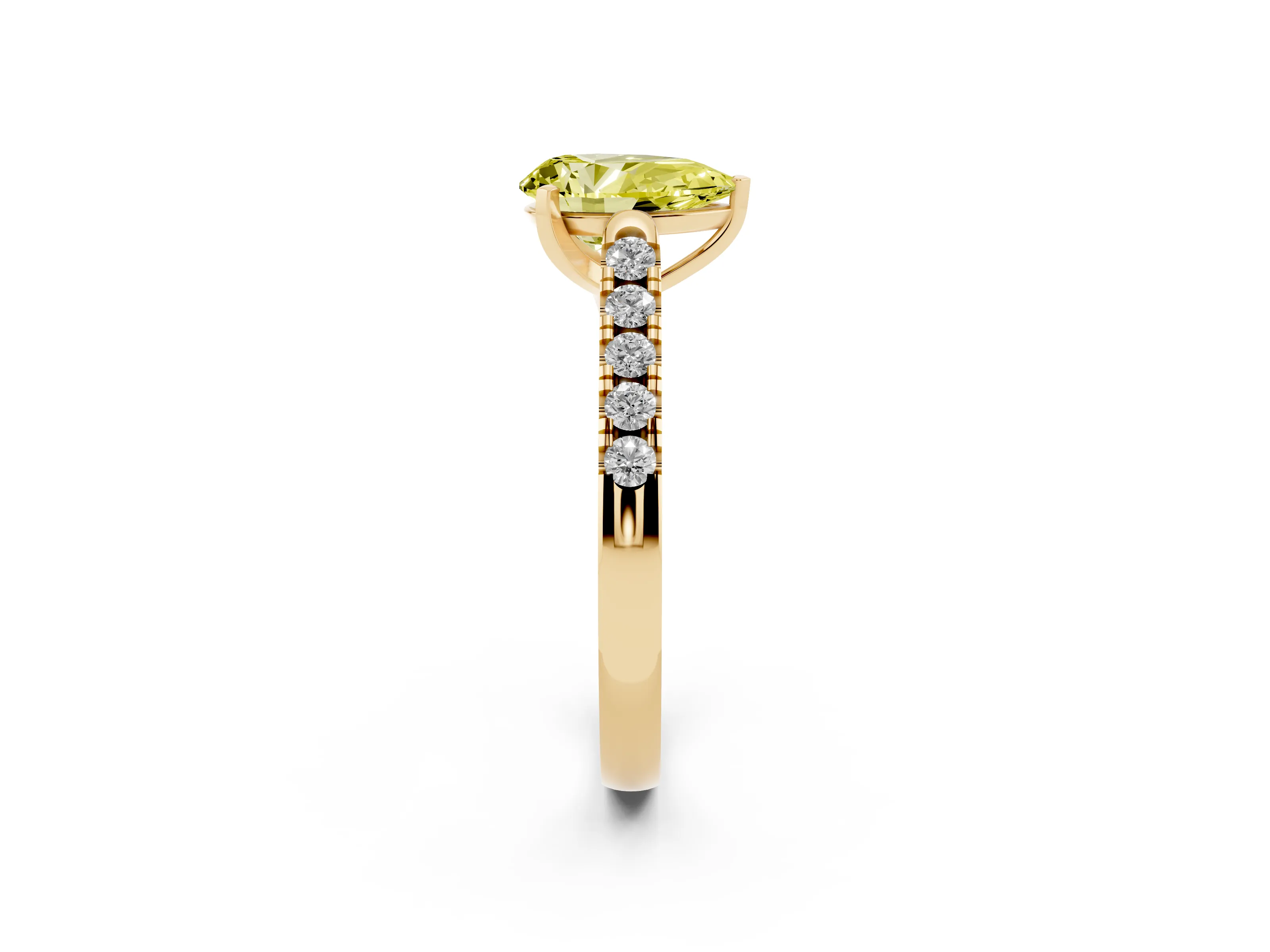 Fancy Yellow Pear Cut Diamond Pavé Band Solitaire Ring Set in Yellow gold with Partway Accent Stones and Prong Setting